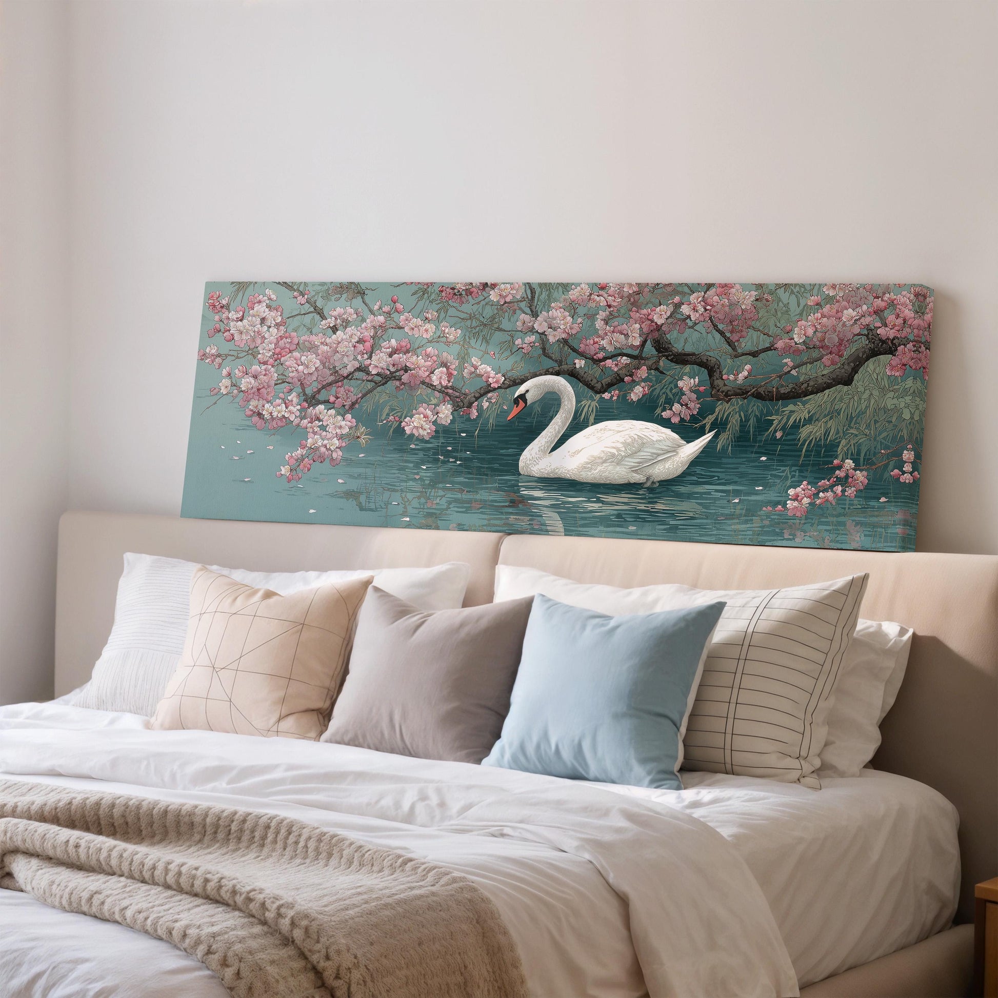 a large painting of a swan floating on a pond, surrounded by pink flowers and lush green foliage.