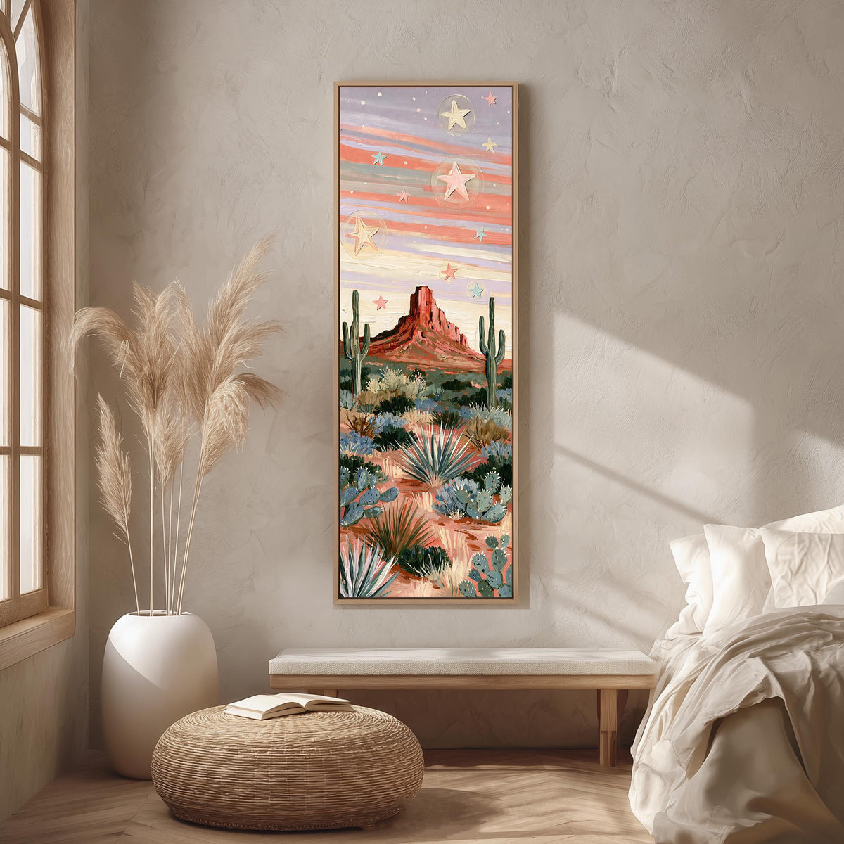 Red butte and cacti under a pastel starry sky long vertical canvas print in a bright reading corner