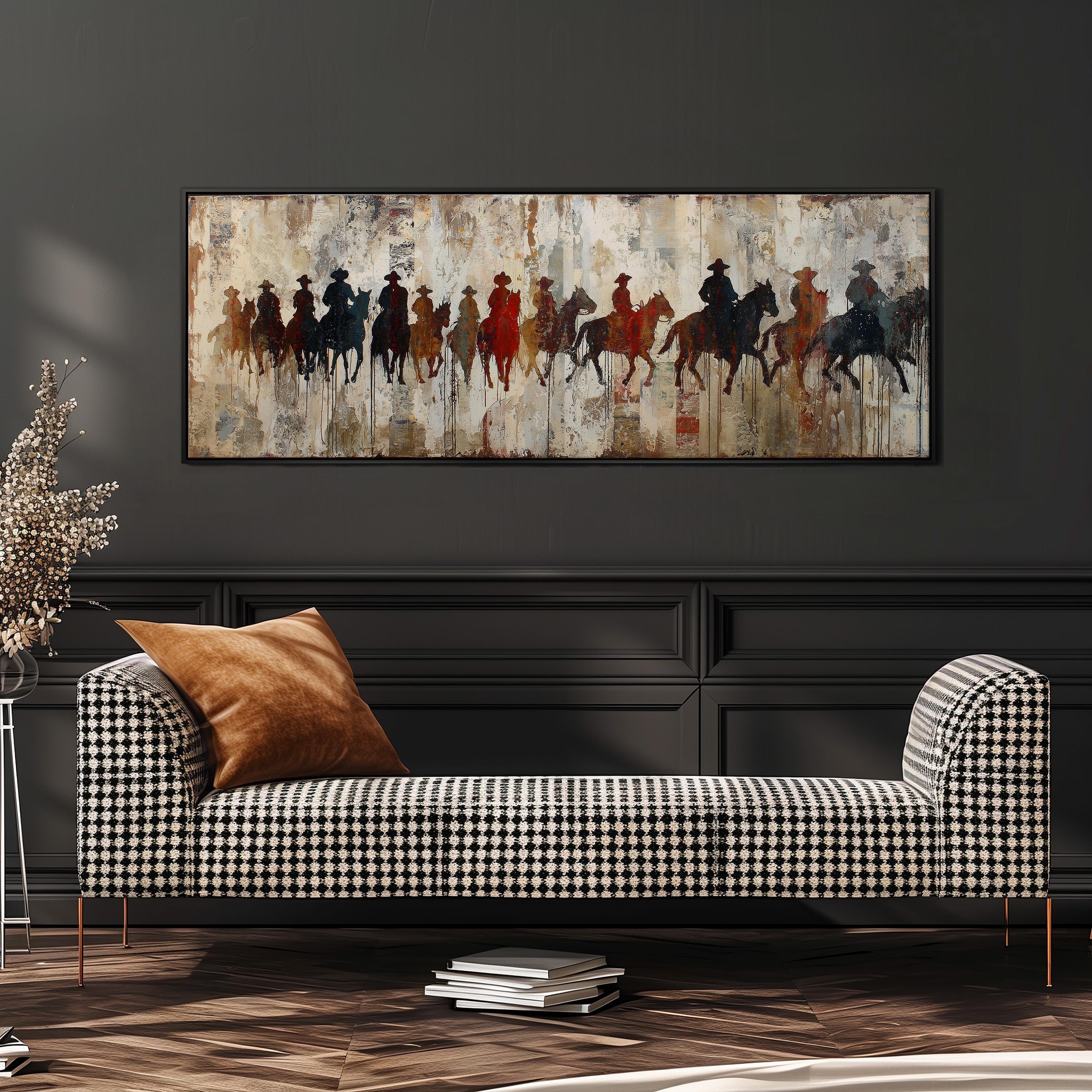a large painting of a group of people riding horses, displayed on a wall above a black and white checkered sofa.