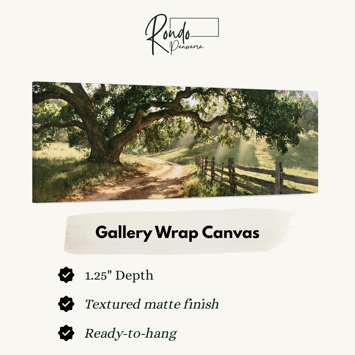 Sunlit country lane with oak trees and a wooden fence gallery wrap canvas with the image wrapped around the edges