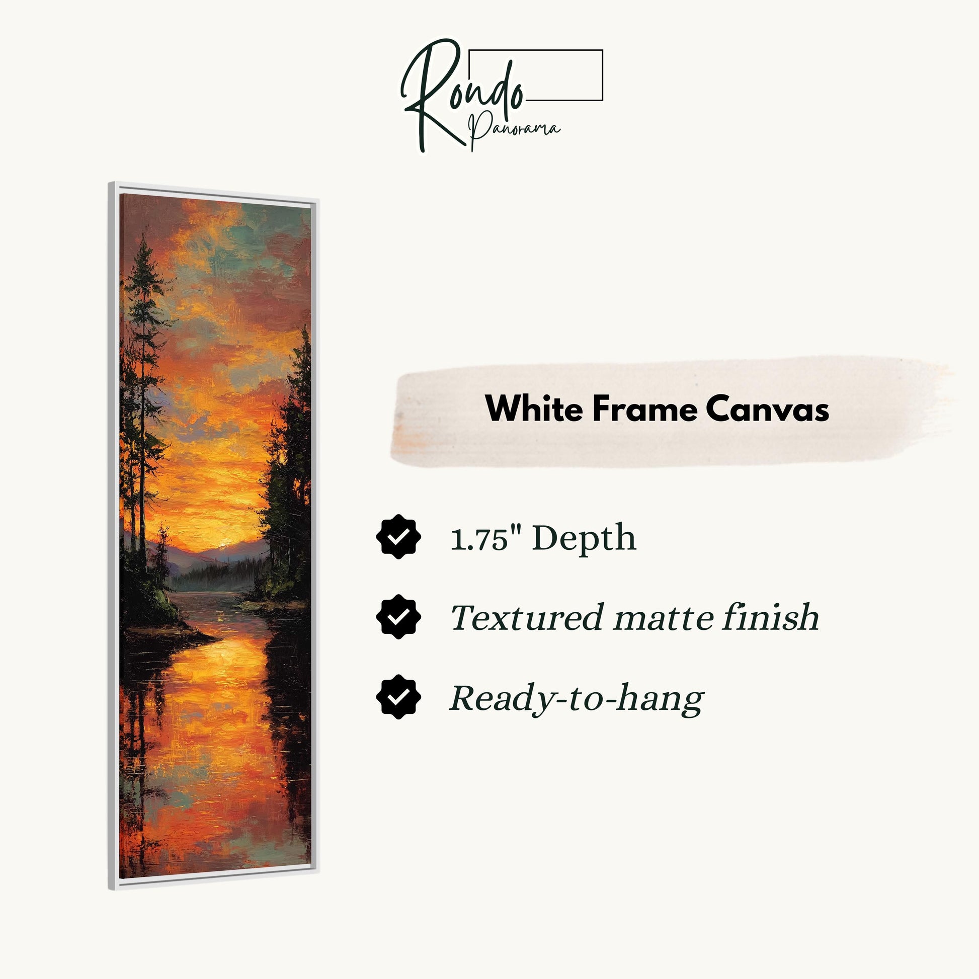The image is a white frame canvas depicting a sunset over a forest.
