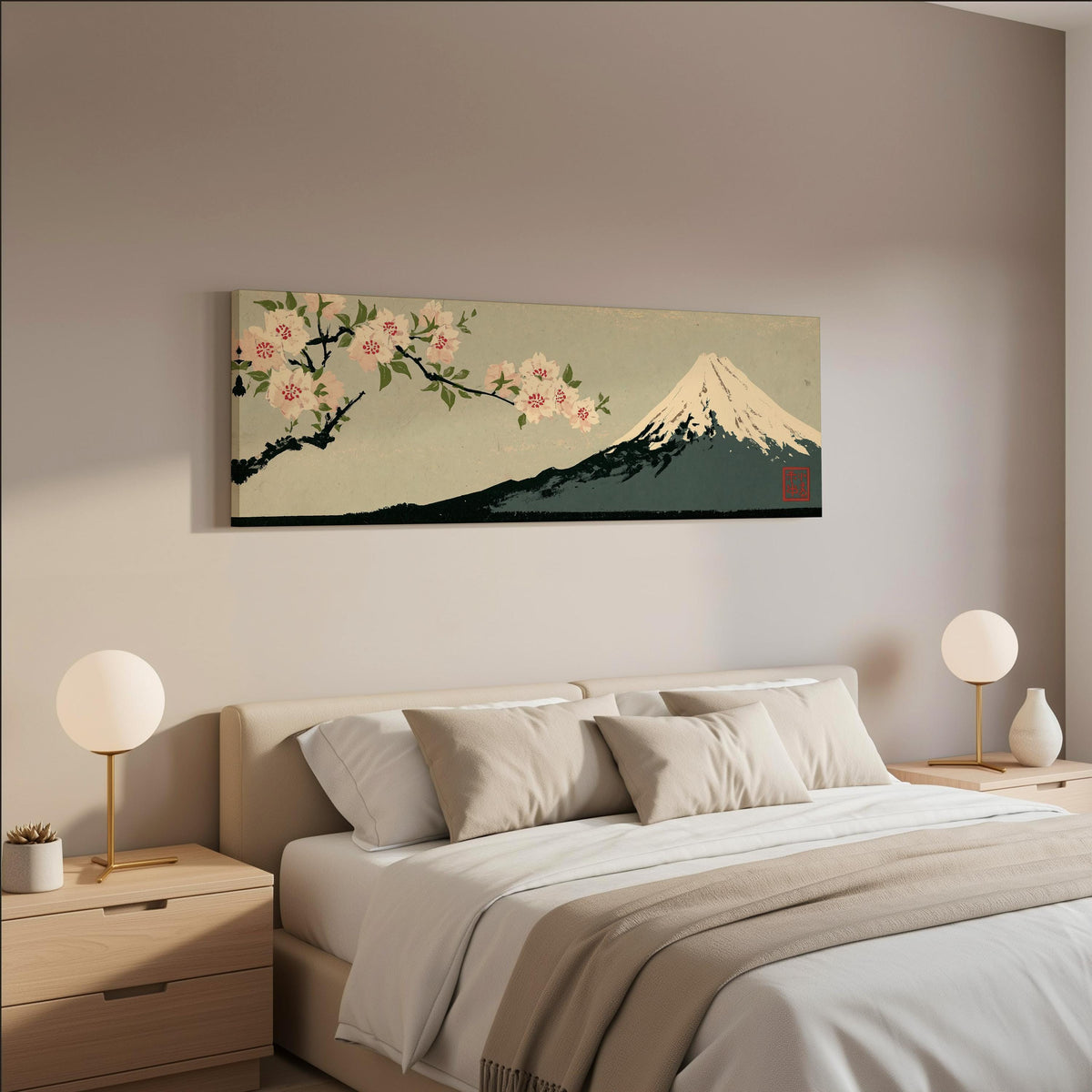 Cherry blossom branch and Mount Fuji wide panoramic canvas print above a bed in a neutral bedroom
