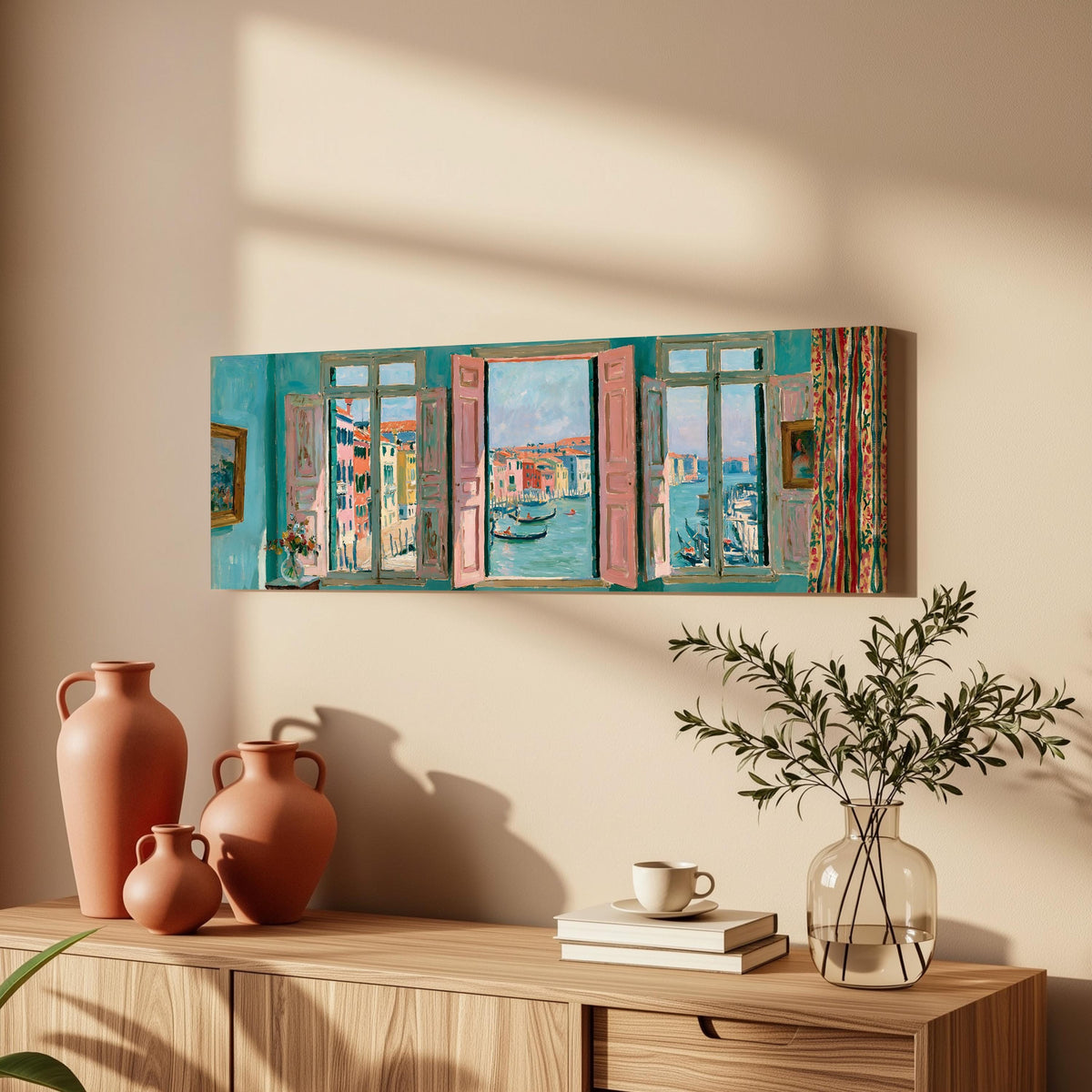 Venice canal and gondolas through a window long horizontal canvas print above a wooden sideboard