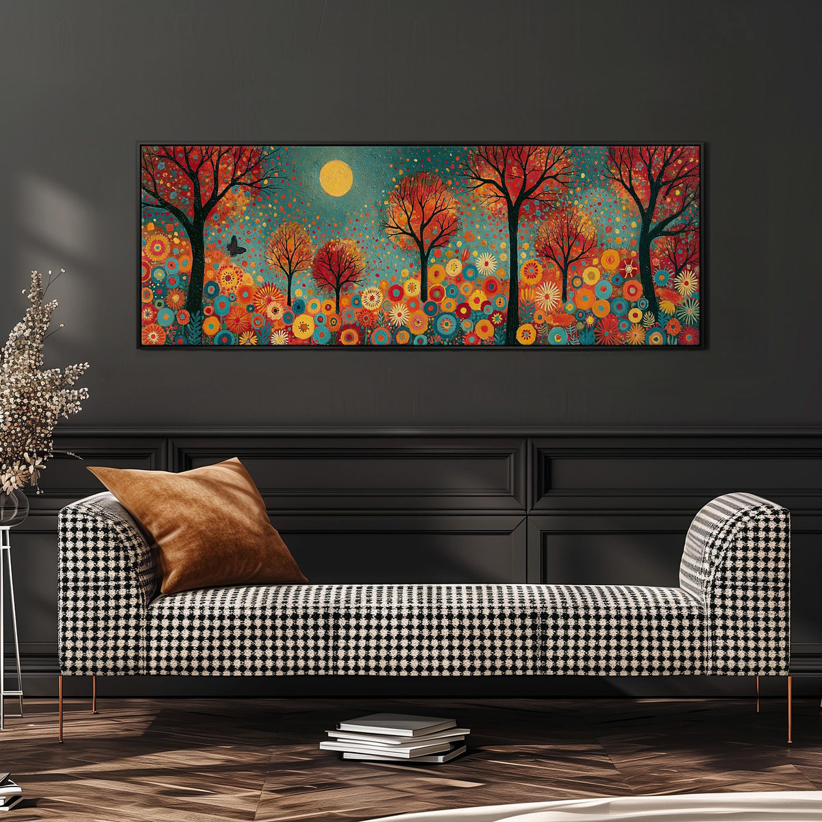 Folk art autumn forest with flowers wide panoramic canvas print above a bench in a dark living room