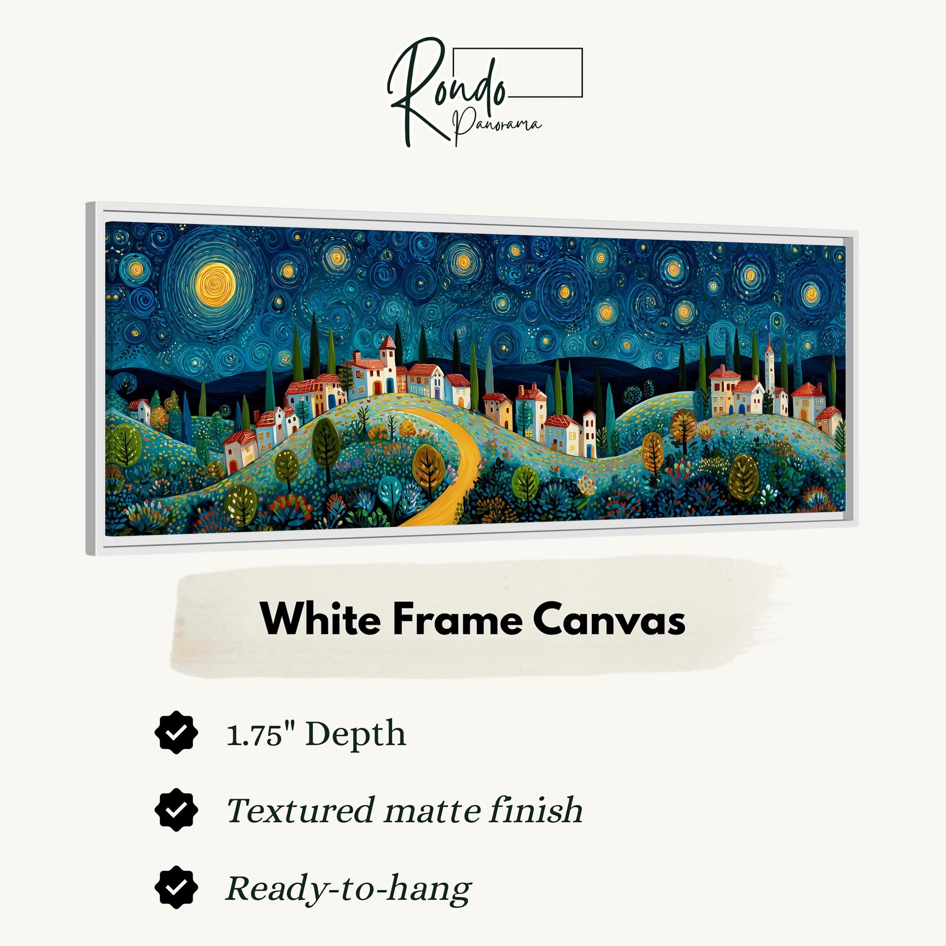 The image is a white frame canvas depicting a night sky with stars and a village landscape.