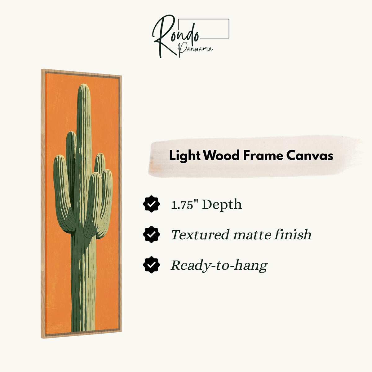 Saguaro cactus on orange canvas print in a light wood floating frame