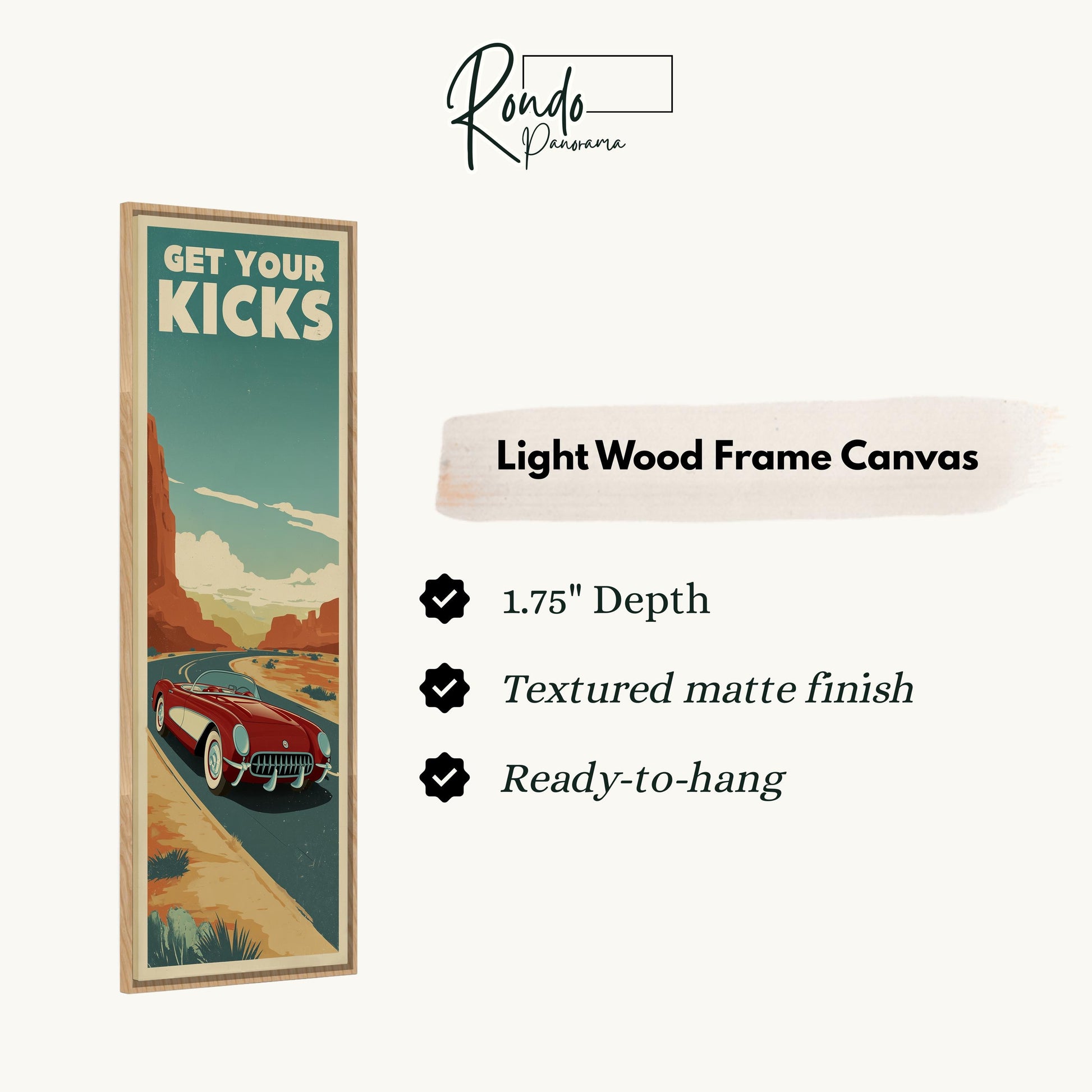 The image is a promotional poster for a light wood frame canvas featuring a vintage-style illustration of a red car on a road.
