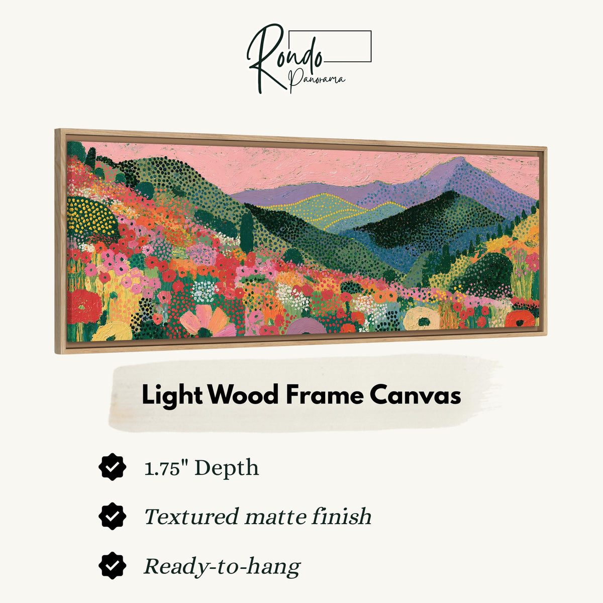Purple mountains over a flower meadow canvas print in a light wood floating frame