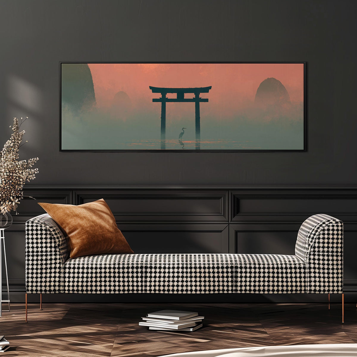 Torii gate and heron in pink mist wide panoramic canvas print above a bench in a dark living room