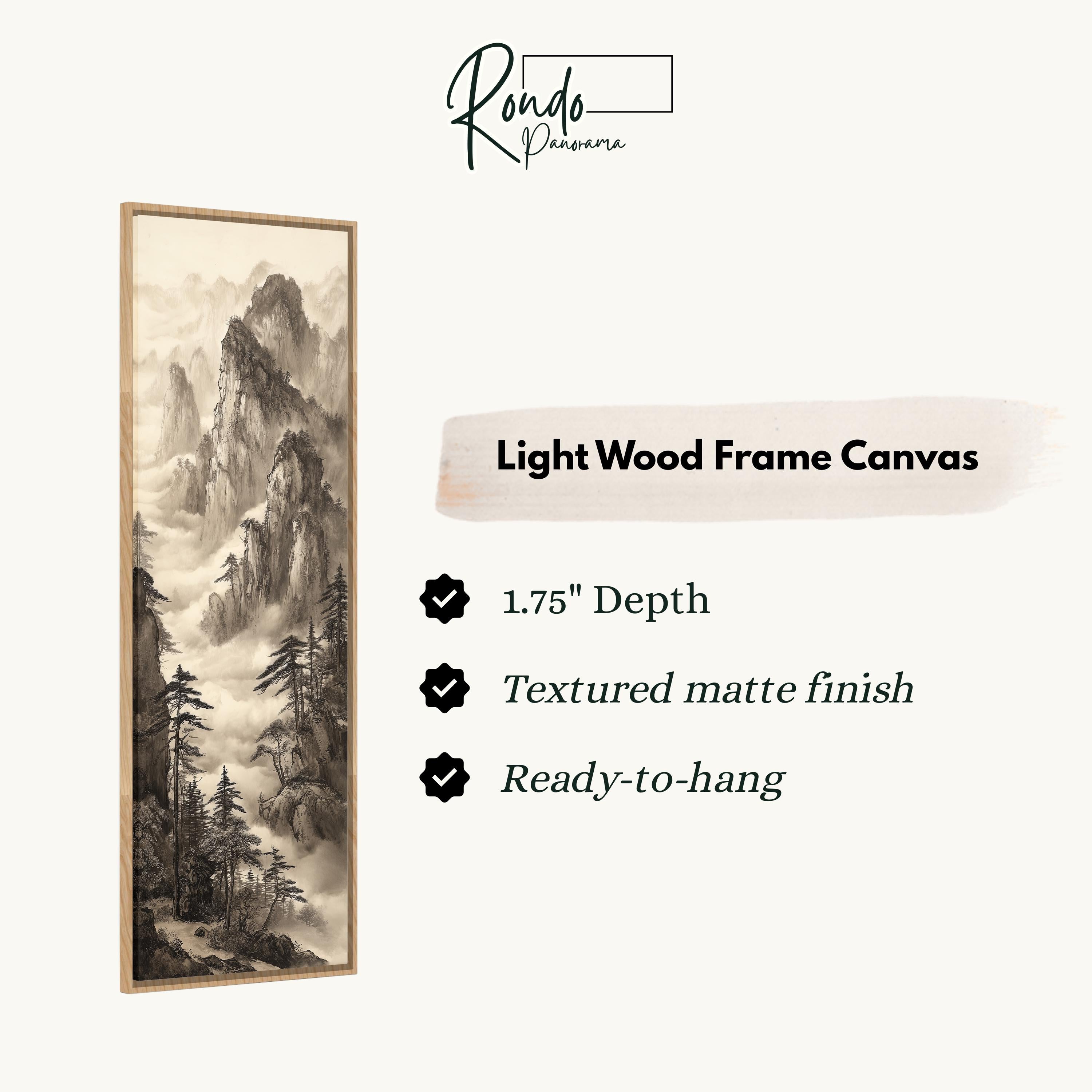 The image is a framed artwork depicting a landscape with mountains and trees.