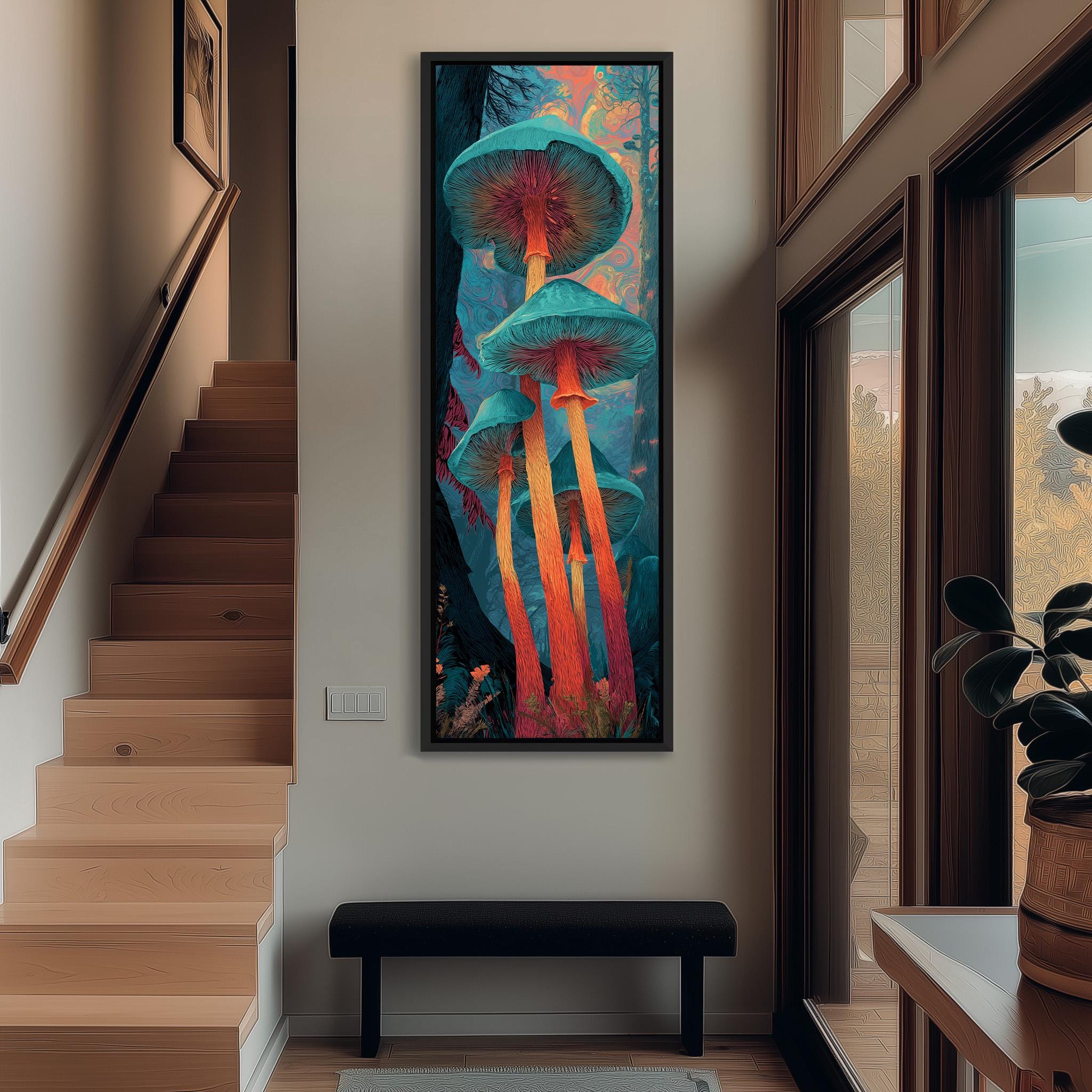 a large, colorful painting of mushrooms hanging on the wall of a hallway.