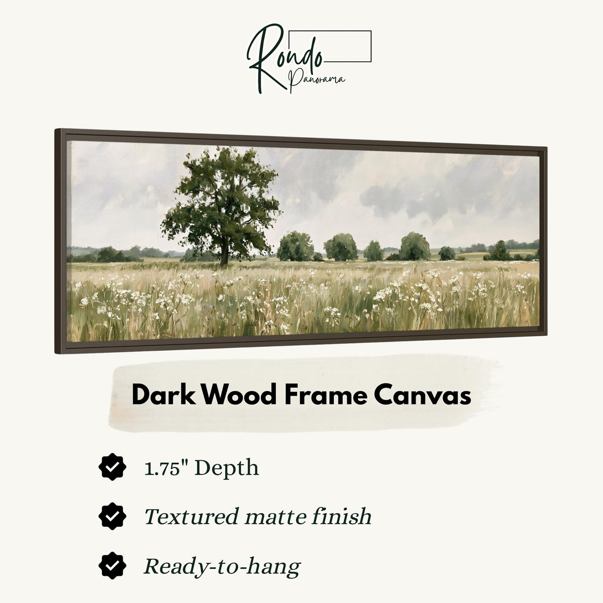 Lone oak tree in a daisy meadow canvas print in a dark wood floating frame