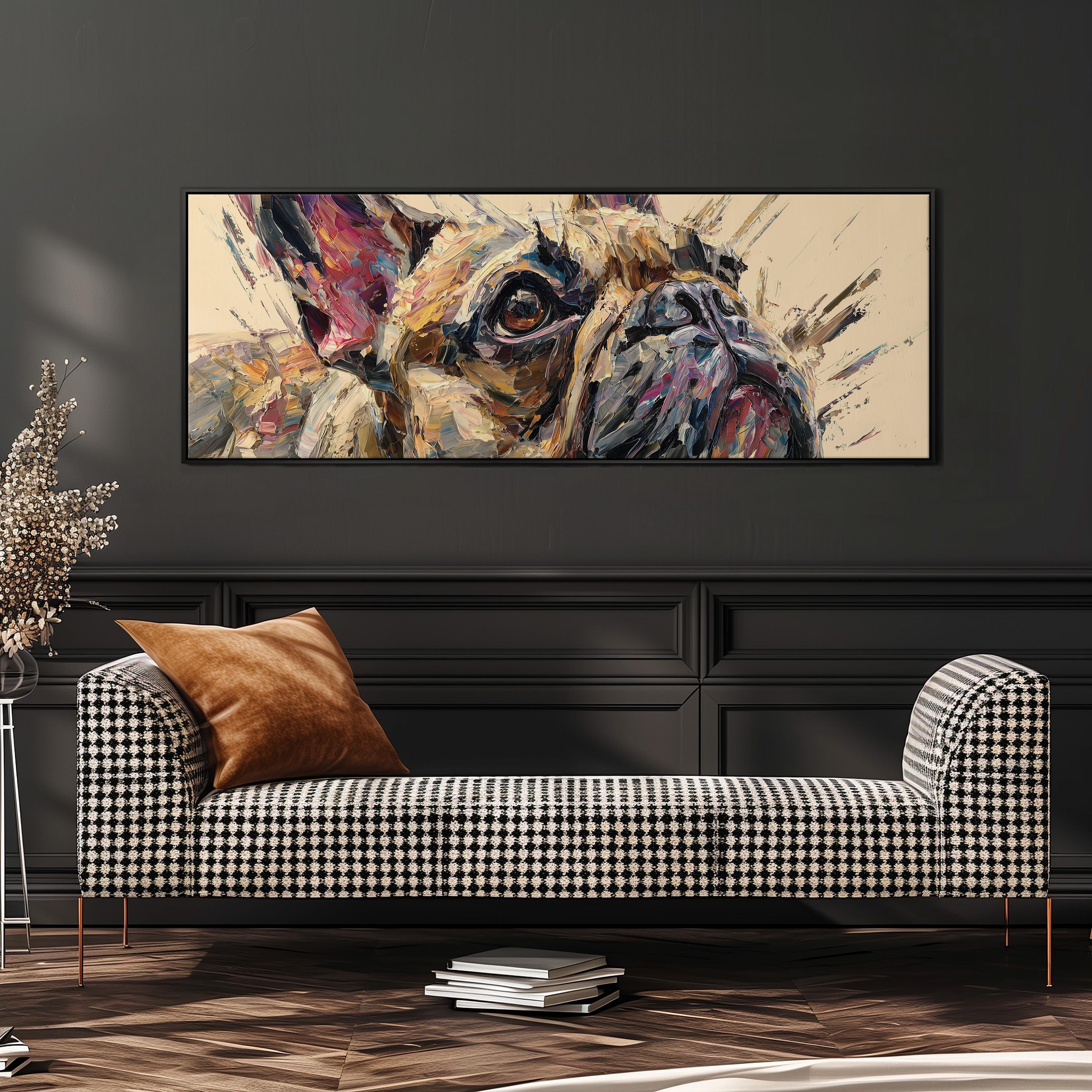 a large, colorful painting of a dog's face hanging on a wall above a black and white checkered sofa.