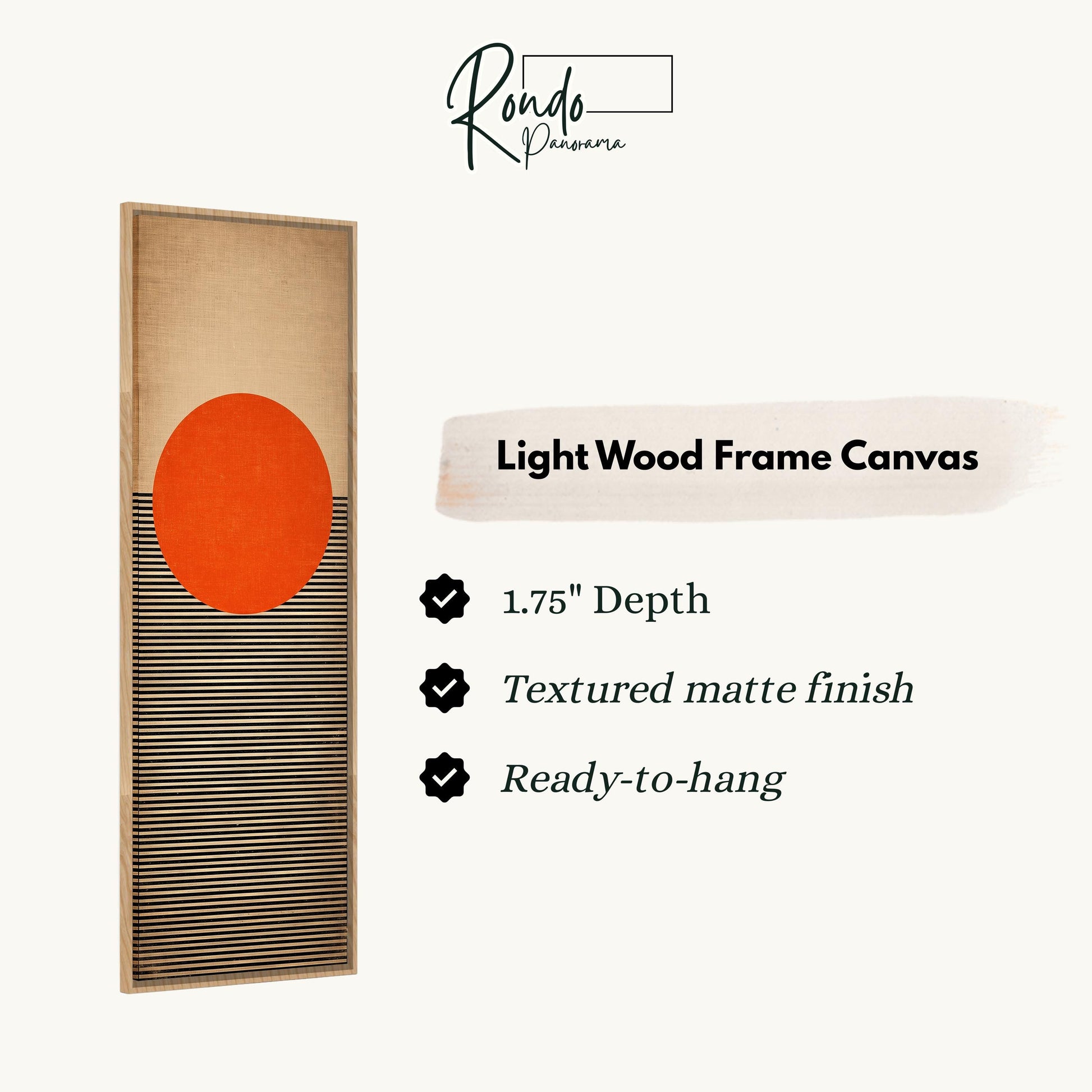 The image is a light wood frame canvas with a geometric design featuring a large orange circle on a beige background.
