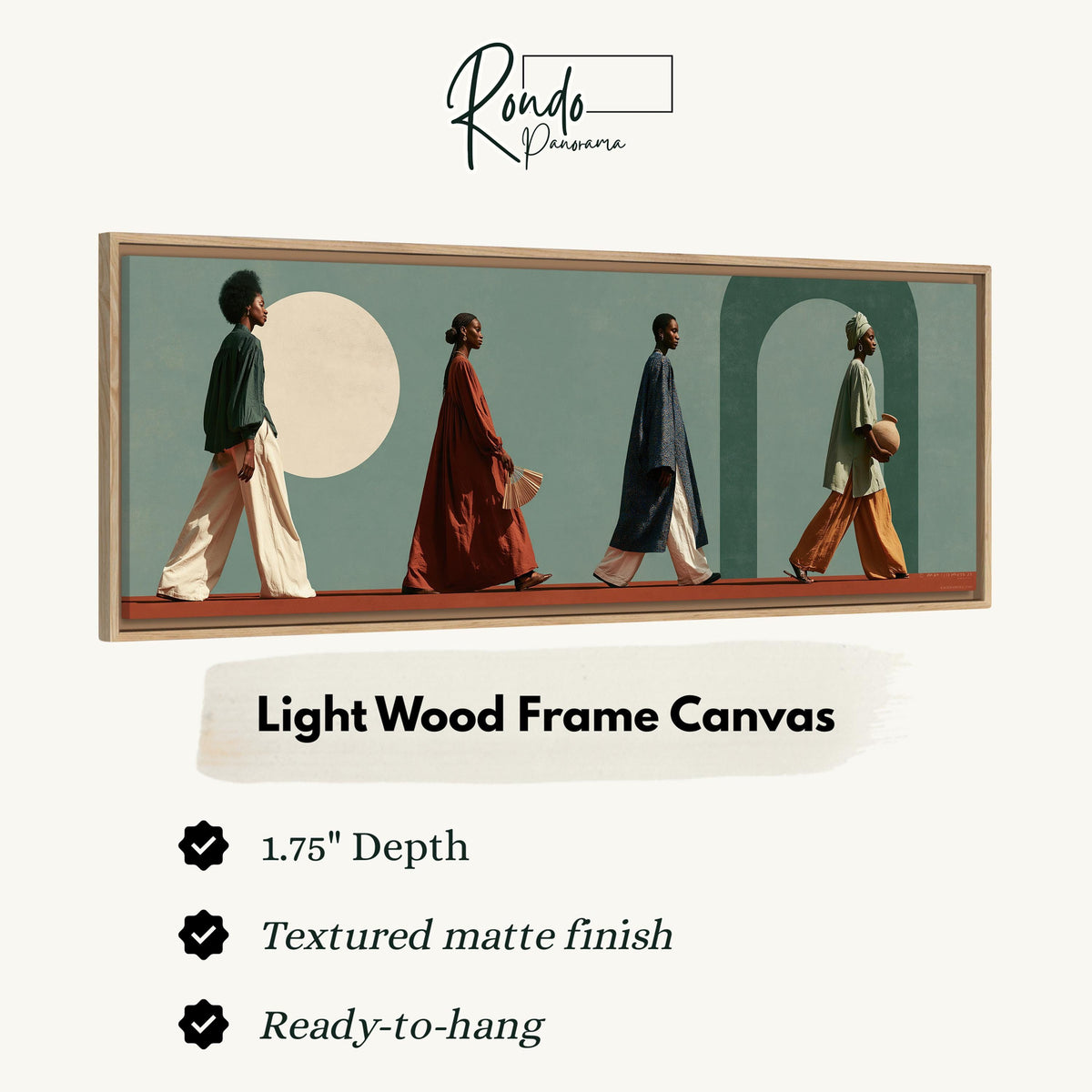 Women walking past arches and a pale moon canvas print in a light wood floating frame