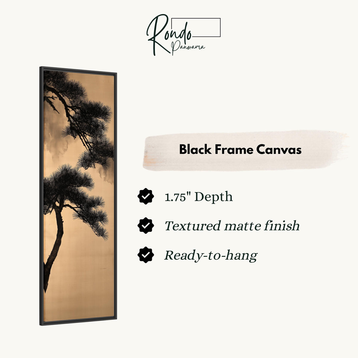Pine branch silhouette on gold canvas print in a black floating frame