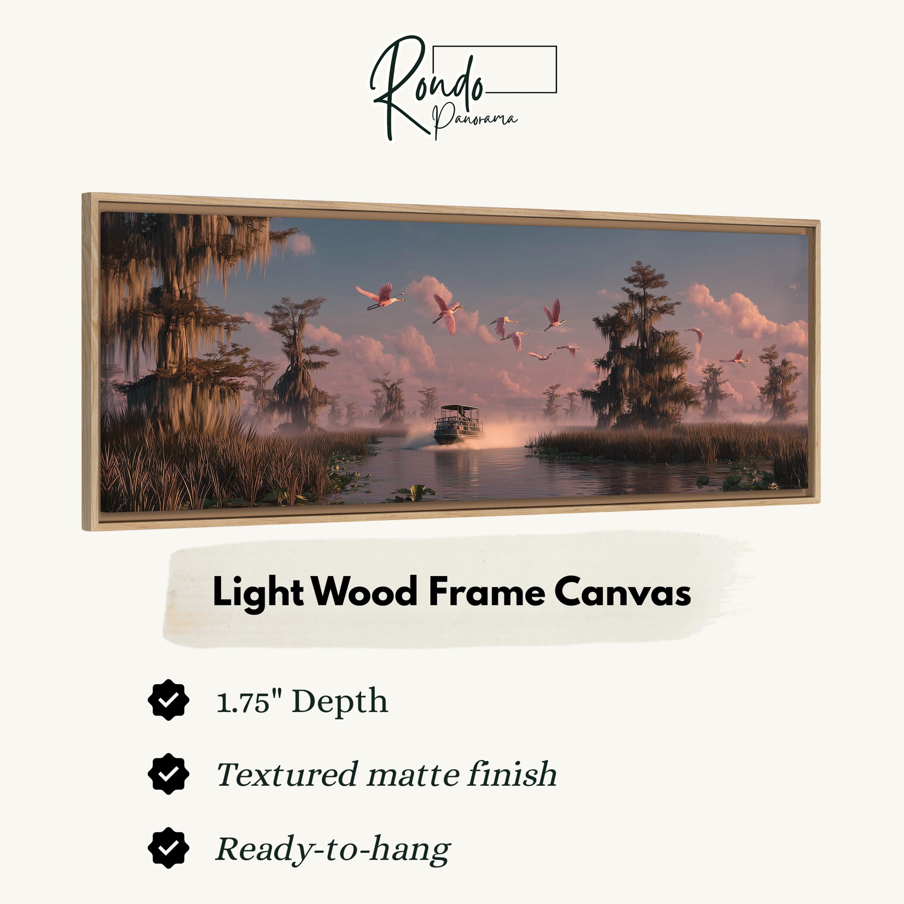 The image is a framed canvas depicting a serene landscape with a boat on a river, surrounded by trees and birds flying overhead.