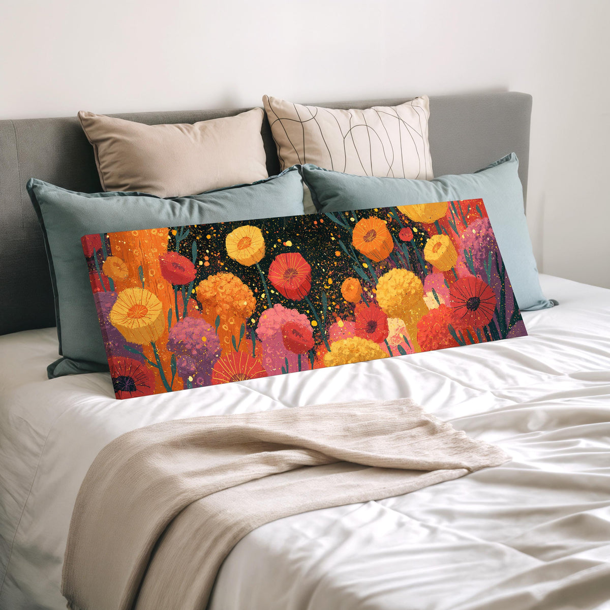 Confetti poppy field wide panoramic canvas print laid on a bed to show its size