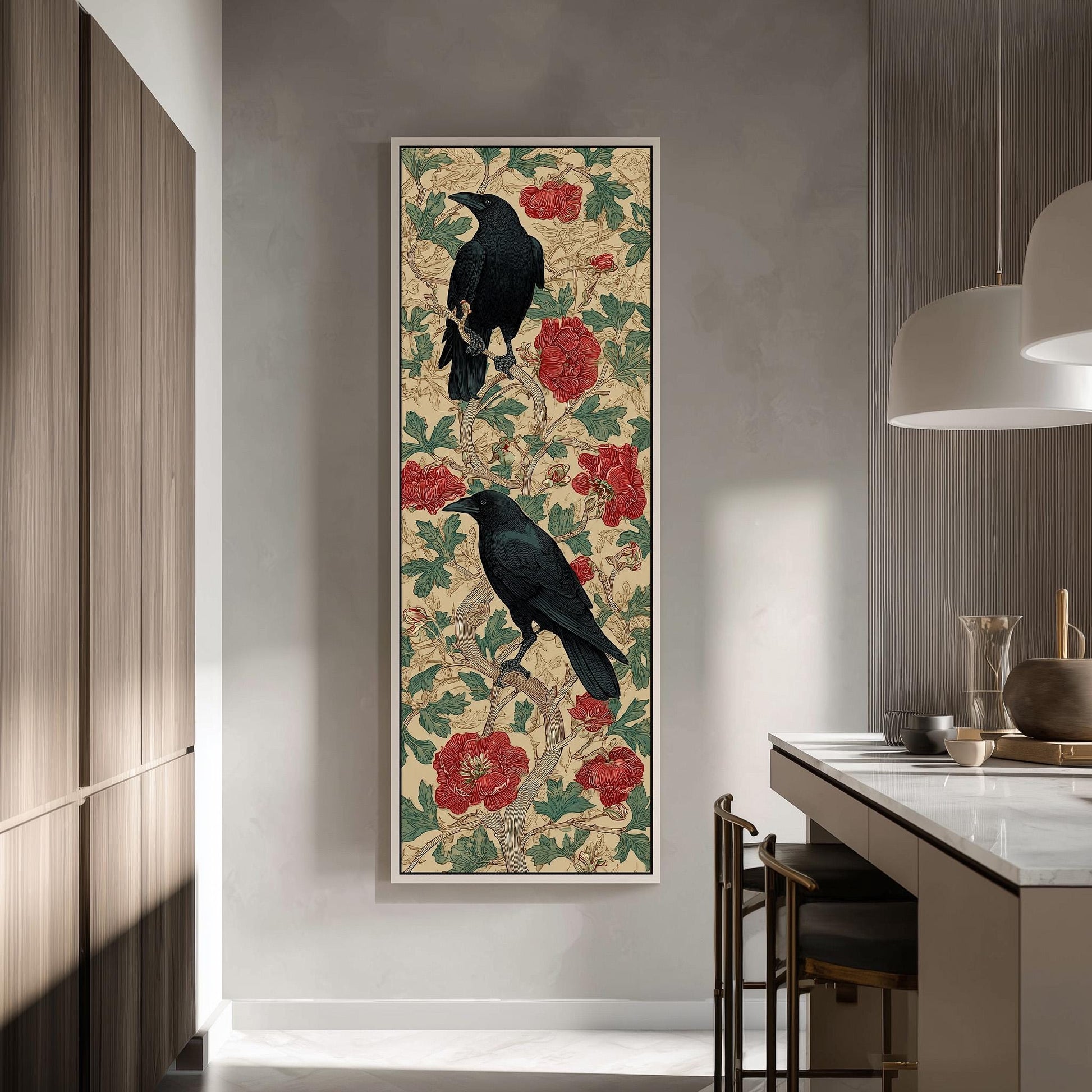 a large framed artwork of two black birds perched on a branch with red flowers, hanging on a wall in a modern kitchen.