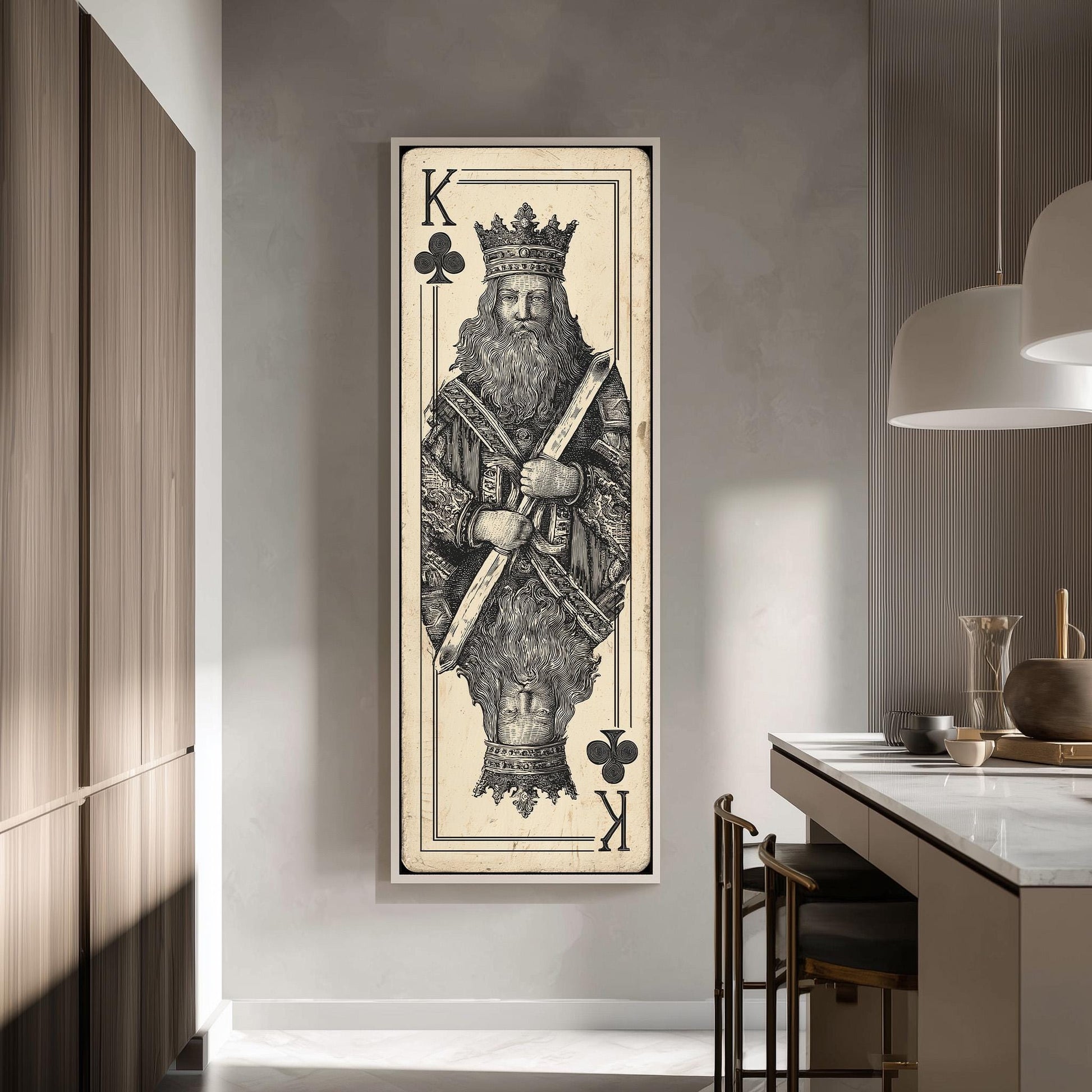 a large framed artwork depicting a king, with the king wearing a crown and holding a club in his hand.