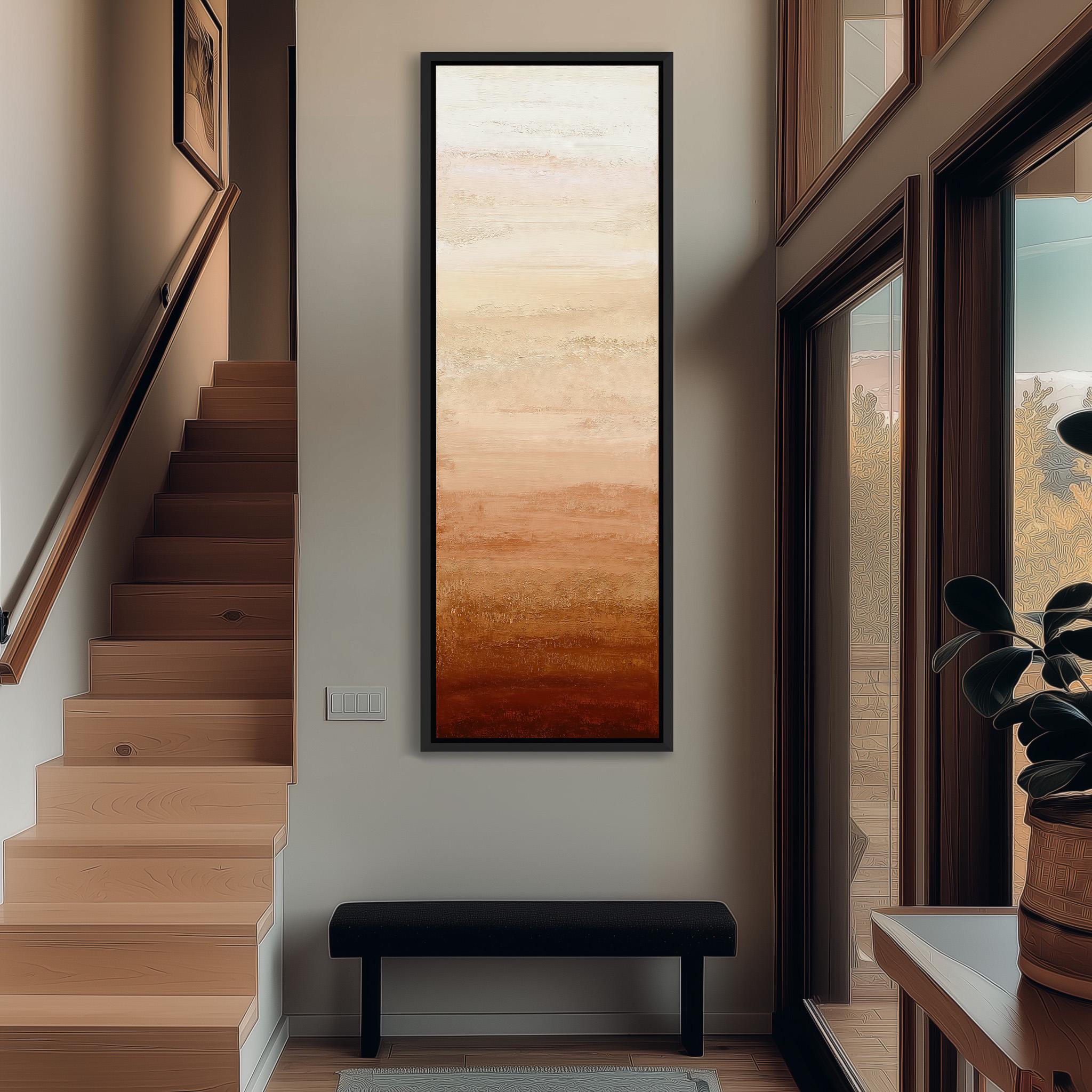 a modern and minimalist interior design, featuring a large abstract painting hanging on the wall, a wooden staircase, a black bench, and a large window that allows natural light to enter the space.