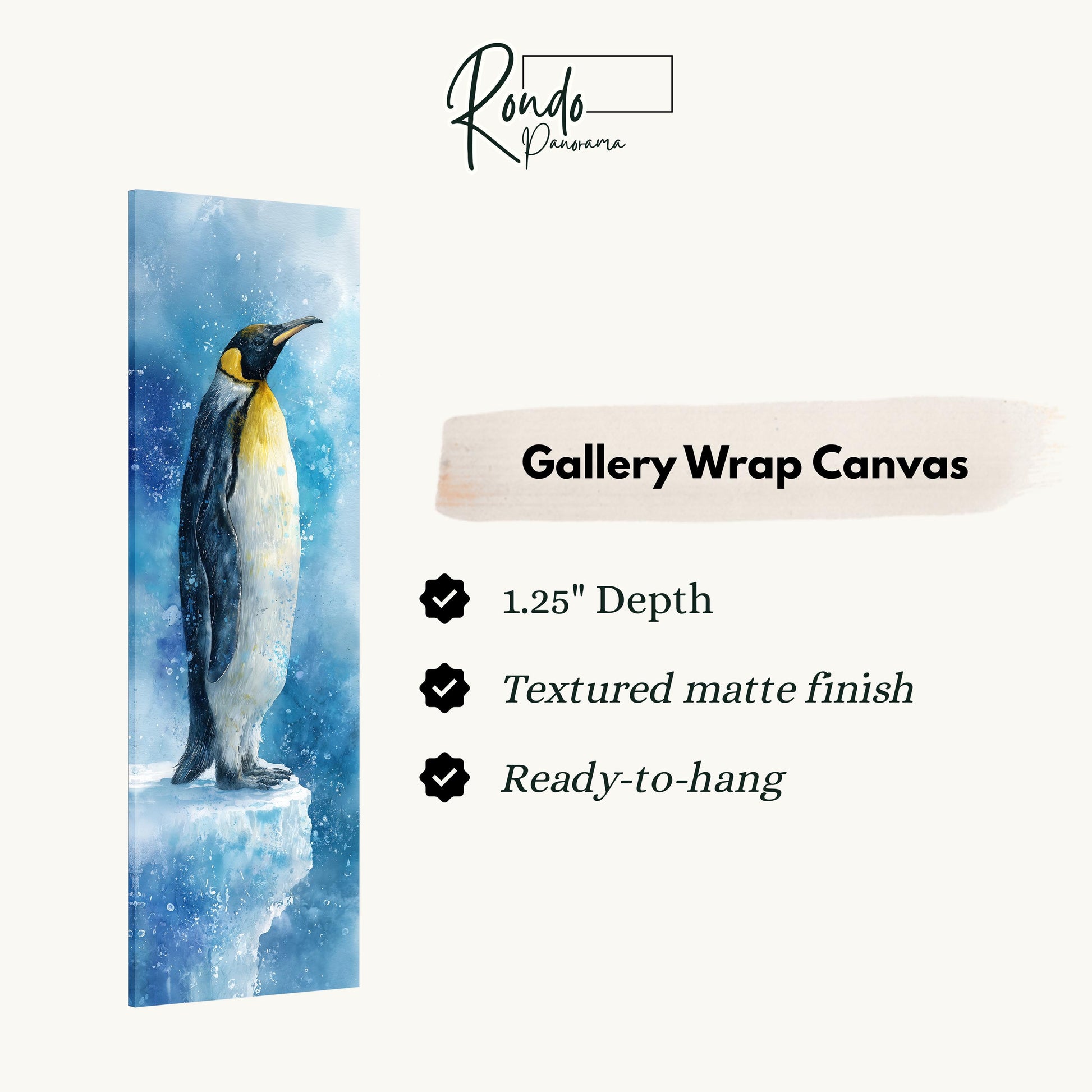 The image is a gallery wrap canvas featuring a penguin standing on a snowy surface.