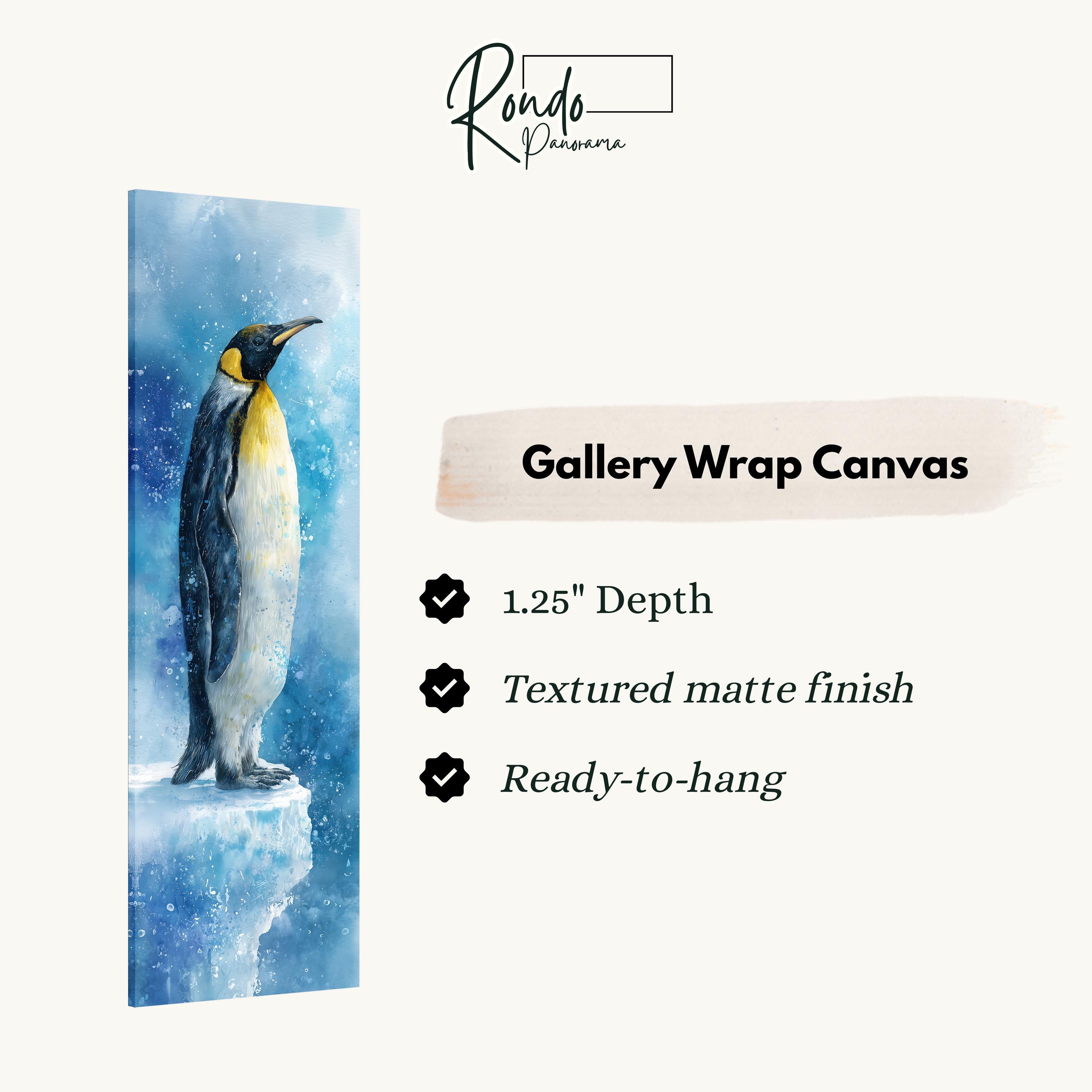 The image is a gallery wrap canvas featuring a penguin standing on a snowy surface.