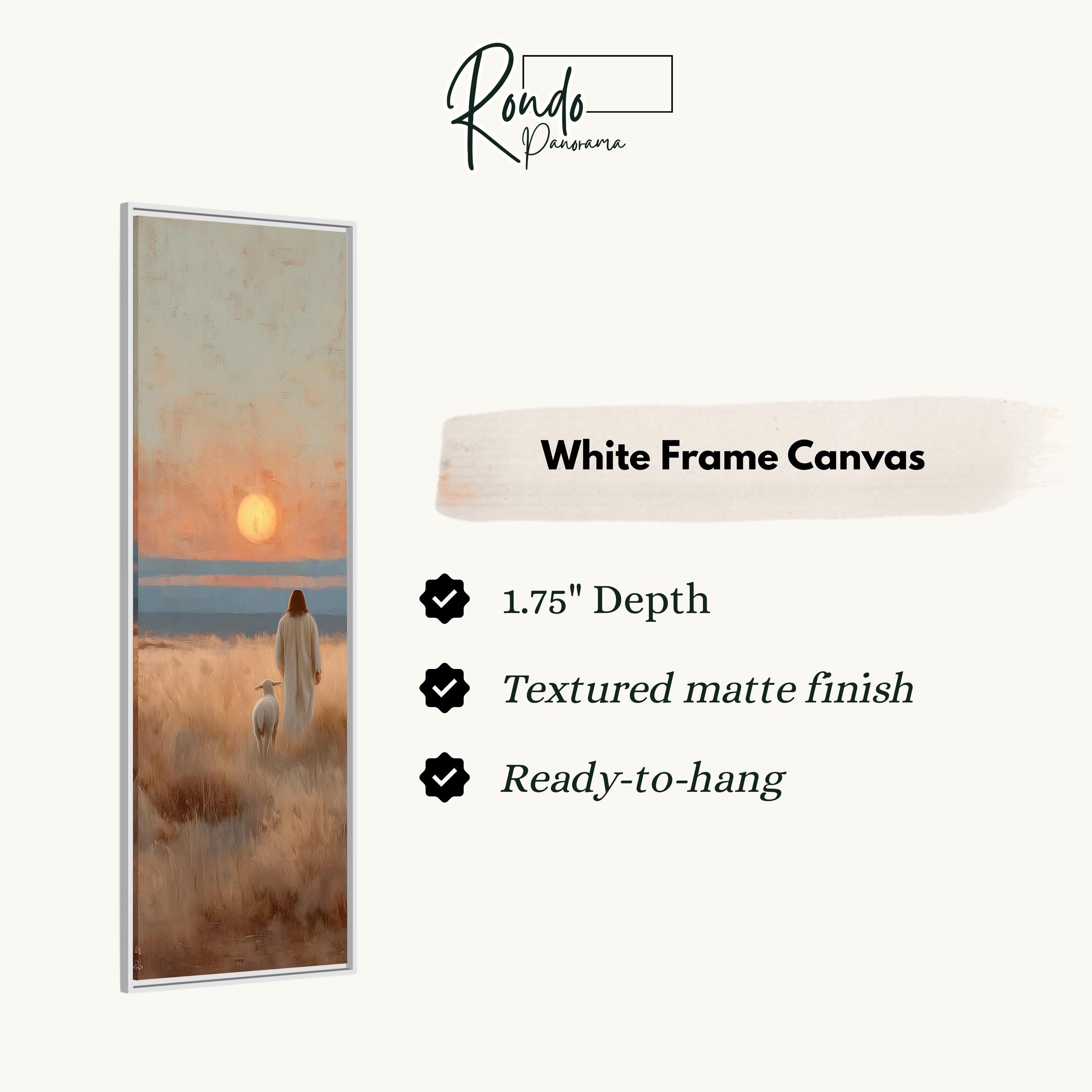 The image is a white frame canvas depicting a pastoral scene with a person and a dog in a field, set against a sunset.