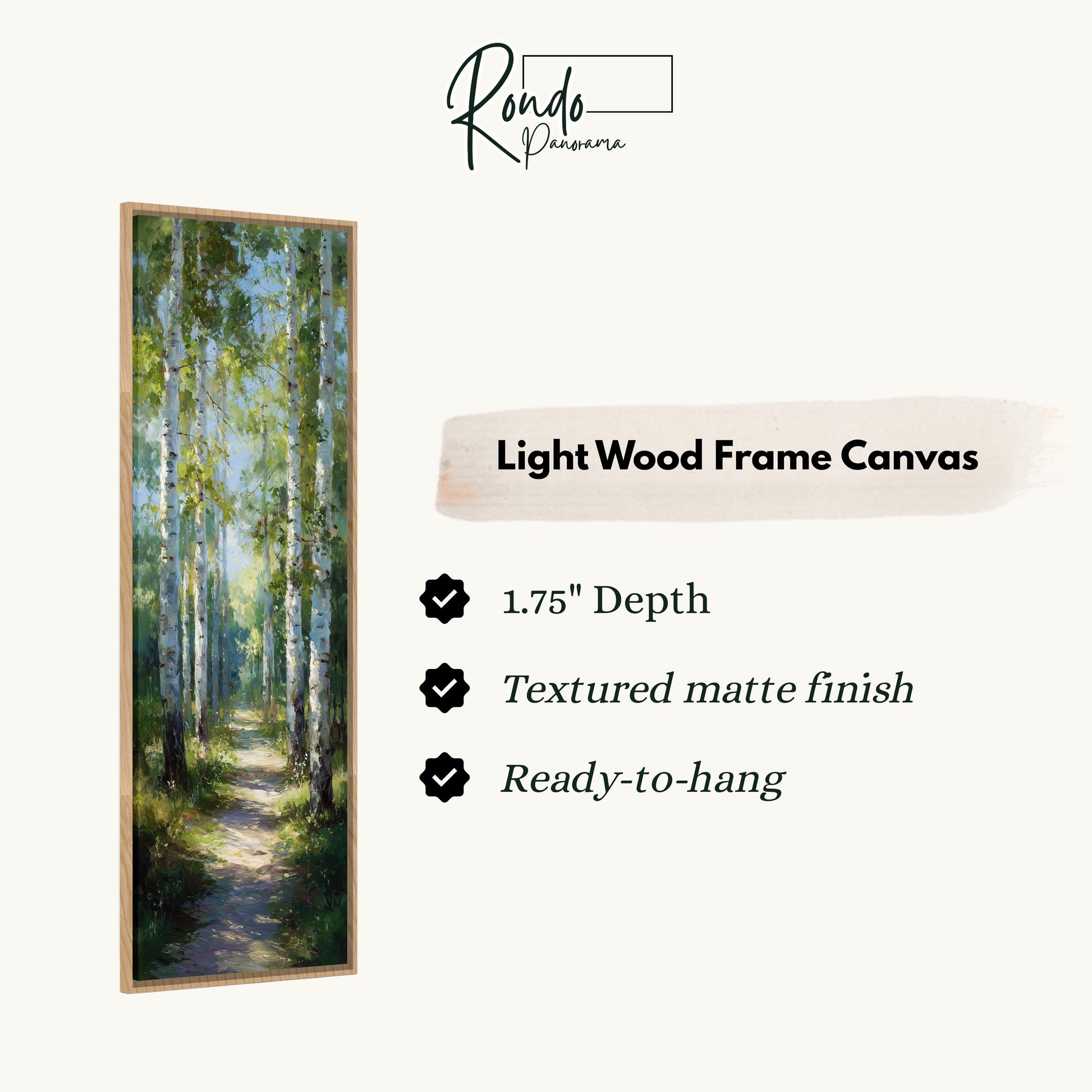 The image is a painting of a forest path with tall trees, and it is described as a light wood frame canvas.