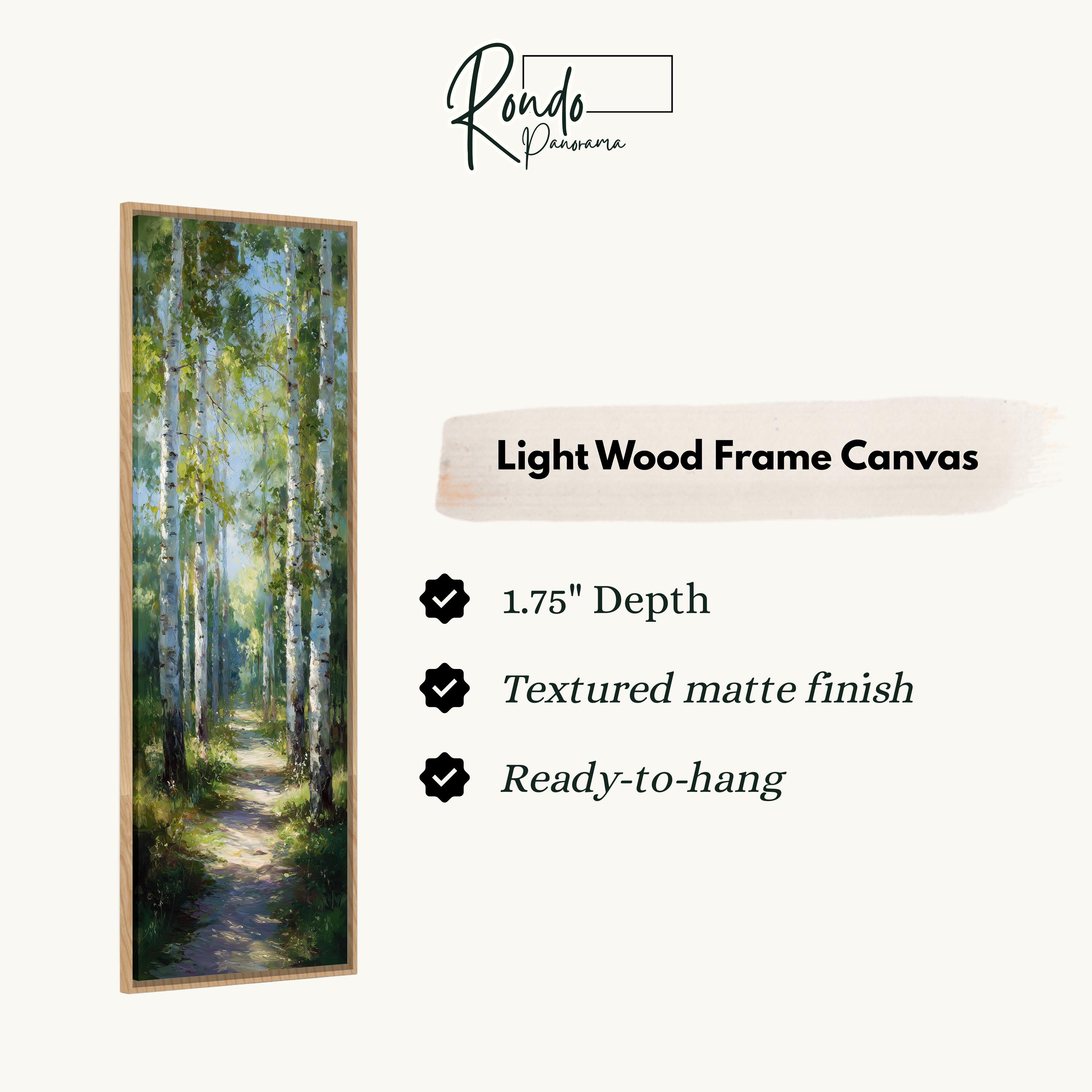 The image is a painting of a forest path with tall trees, and it is described as a light wood frame canvas.