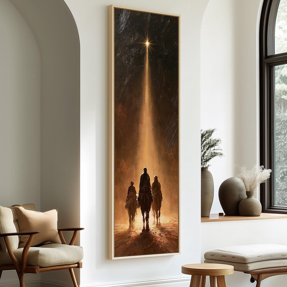 Three robed riders following a bright star long vertical canvas print in a sunlit living space