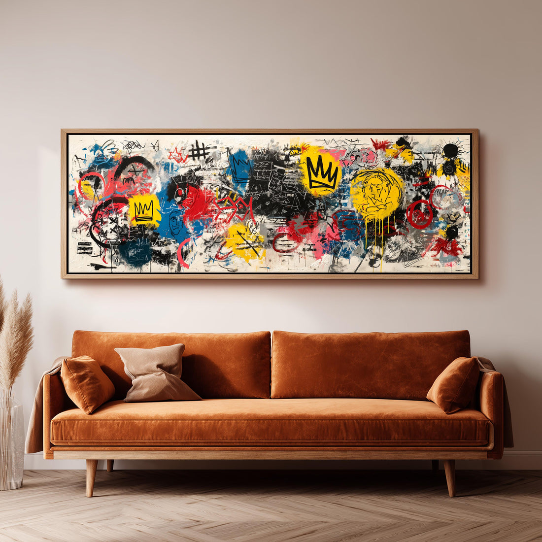 a modern living room with a black and white checkered sofa, a stack of books, and a large abstract painting on the wall.