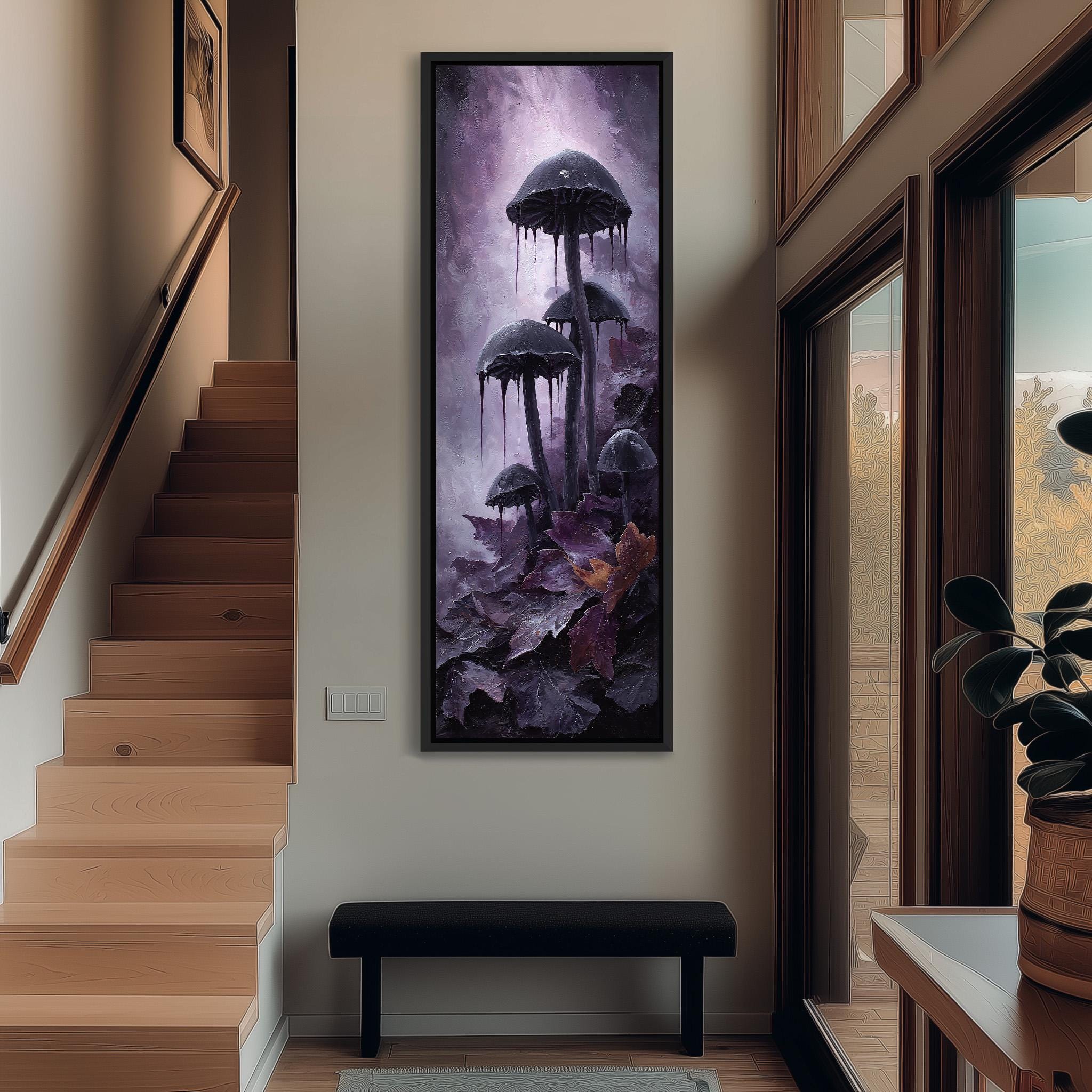 a large, colorful painting of mushrooms hanging on the wall of a room with wooden stairs and a bench.