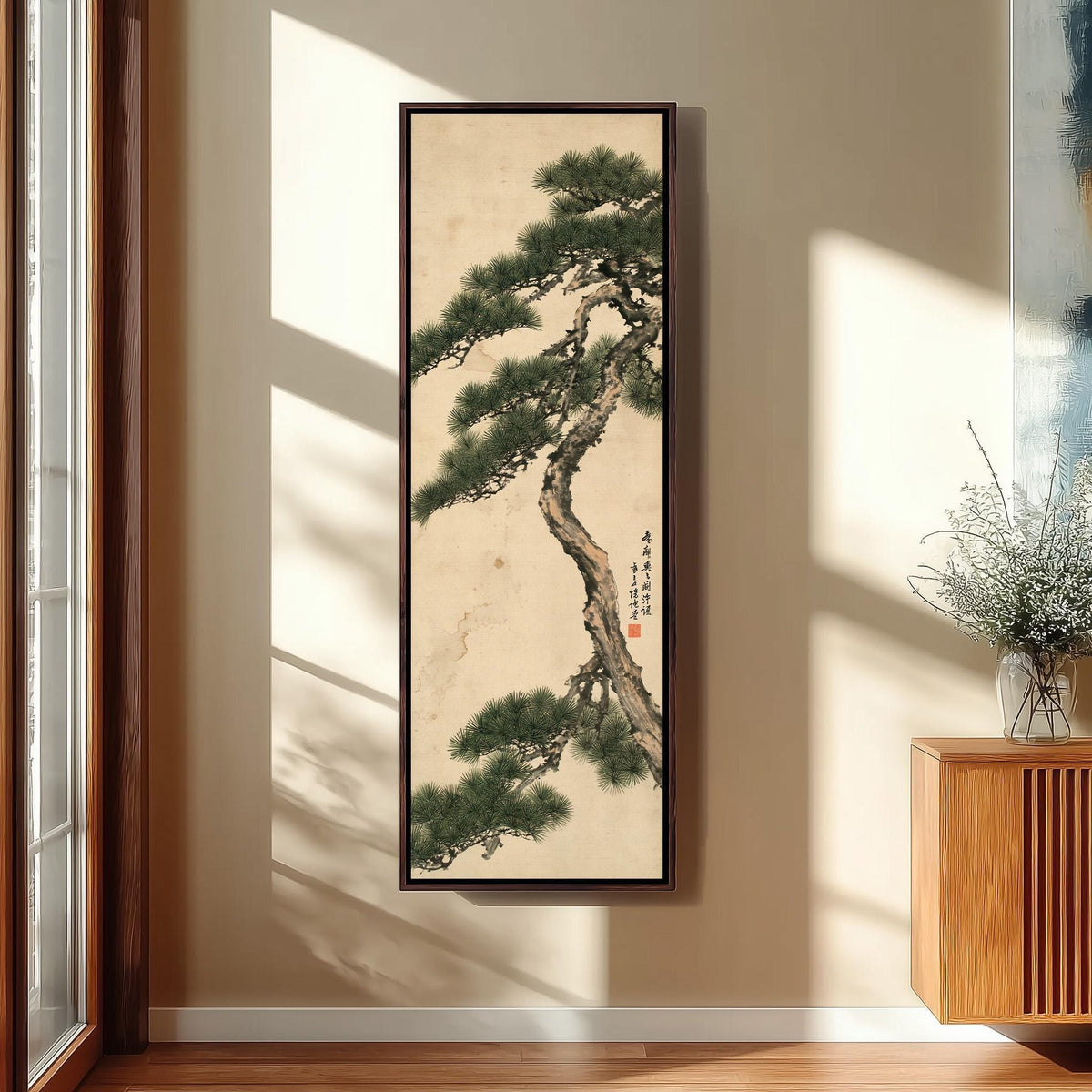 Twisting pine tree with calligraphy tall skinny canvas print in a sunlit living space