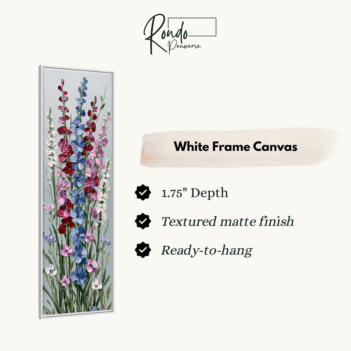 Tall delphinium flower stalks canvas print in a white floating frame
