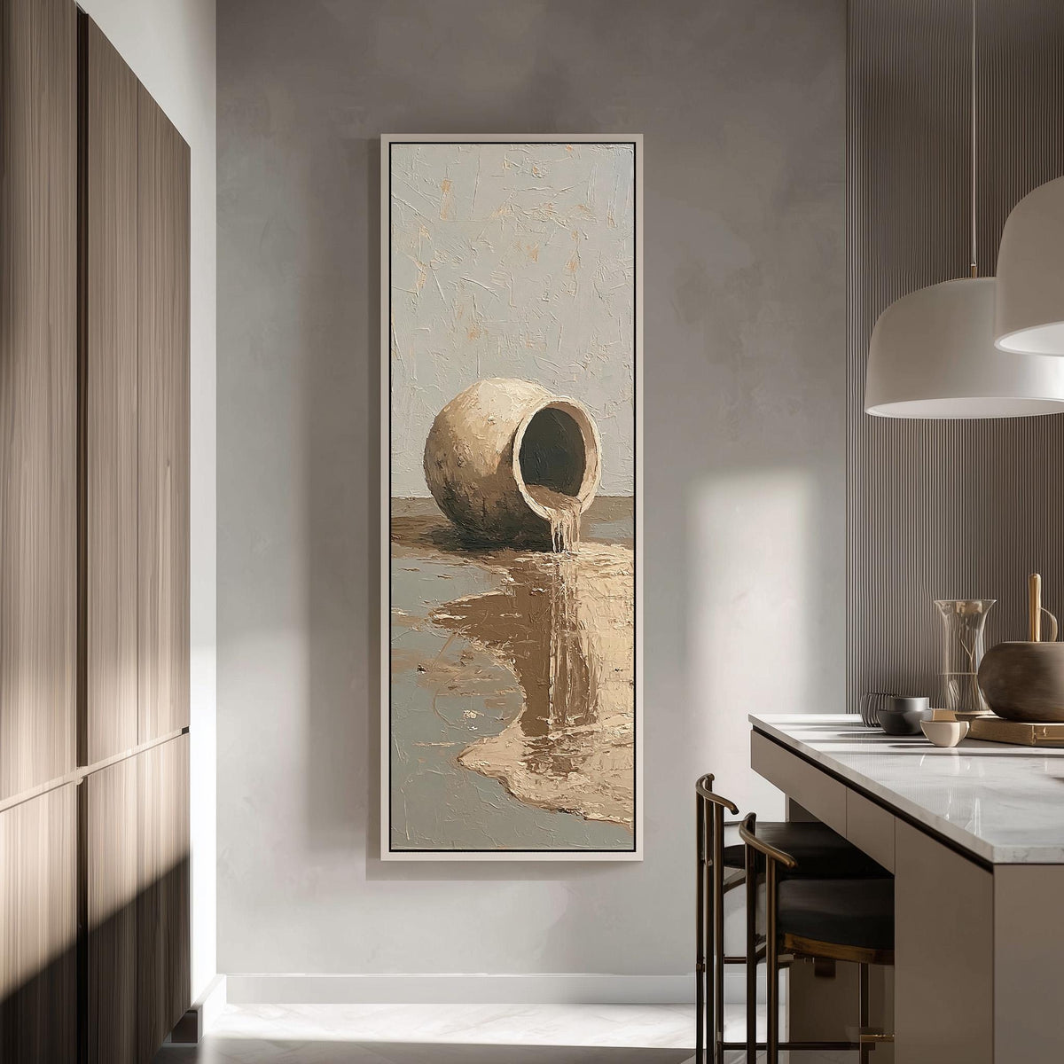 Overflowing clay jug tall skinny canvas print in a modern kitchen