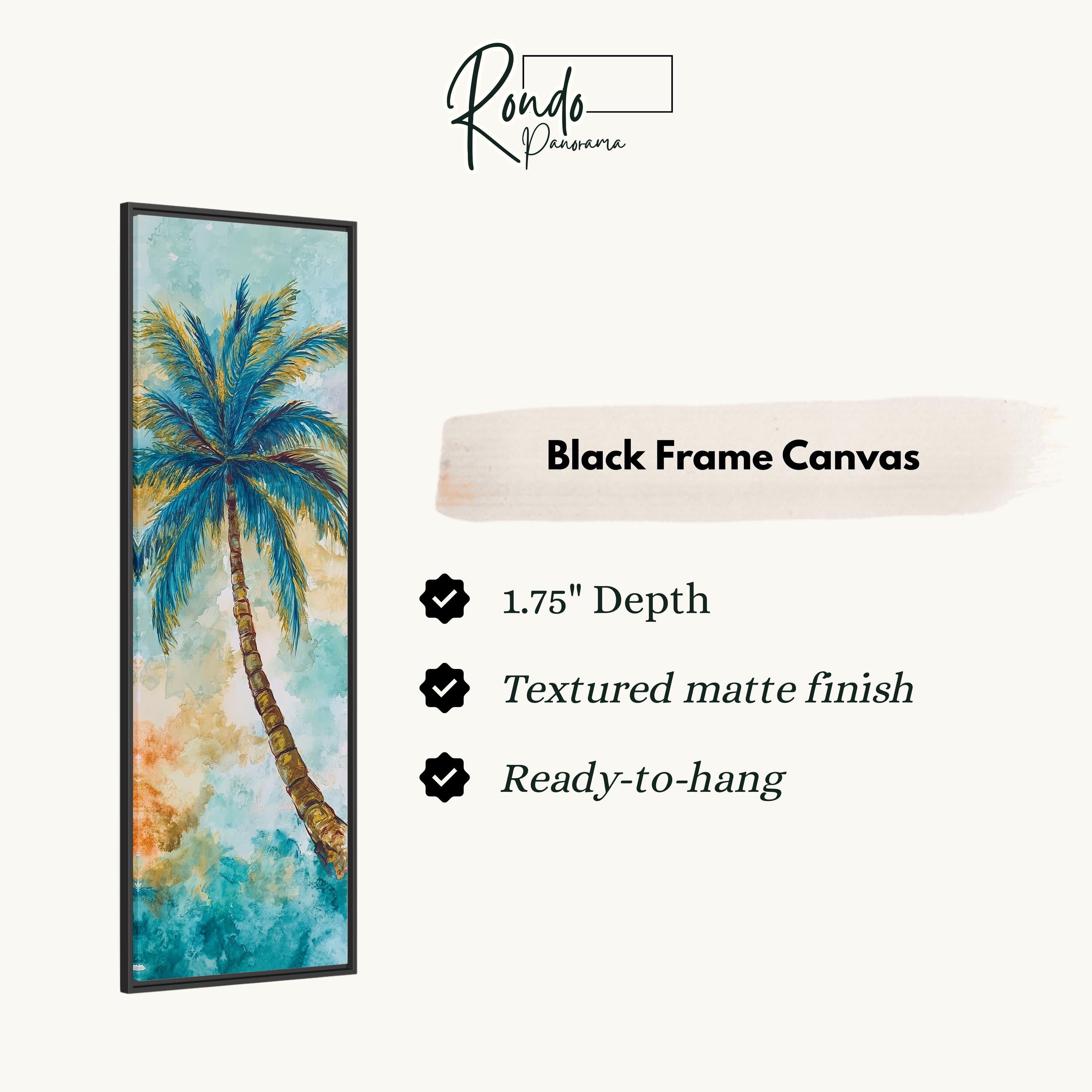 The image is a black frame canvas depicting a palm tree with a tropical background.