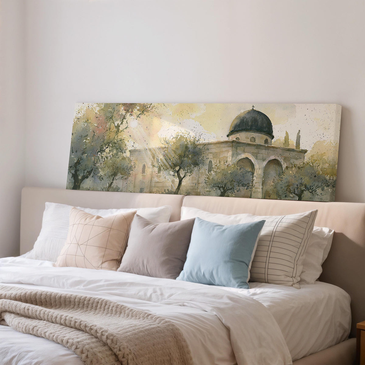 Sunlit dome in an olive grove wide panoramic canvas print above a bed in a bedroom