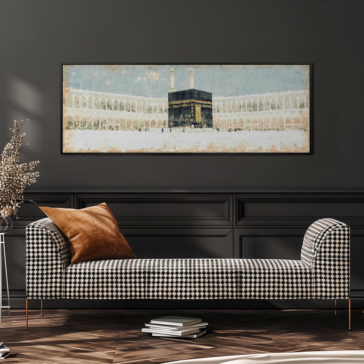 The Kaaba in the Grand Mosque courtyard wide panoramic canvas print above a bench in a dark living room