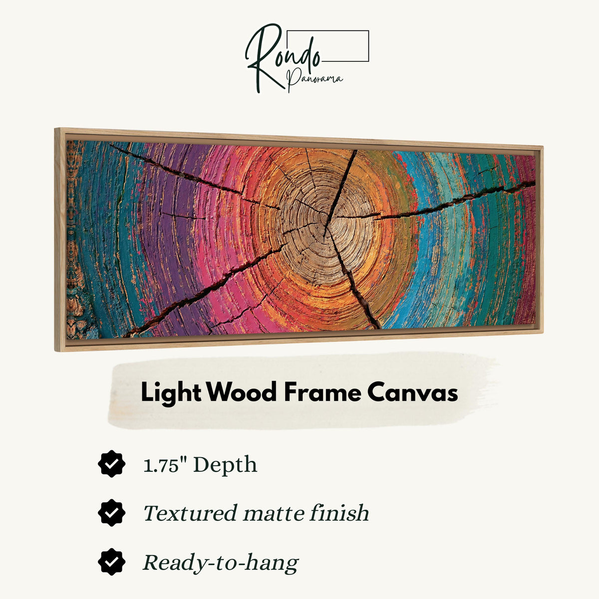 Rainbow tree ring canvas print in a light wood floating frame