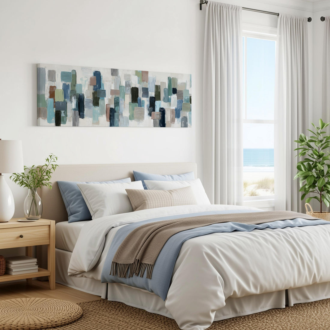 a serene and modern bedroom with a large bed, a nightstand, and a painting on the wall. The room has a beach view, and the overall color scheme is predominantly white and blue.