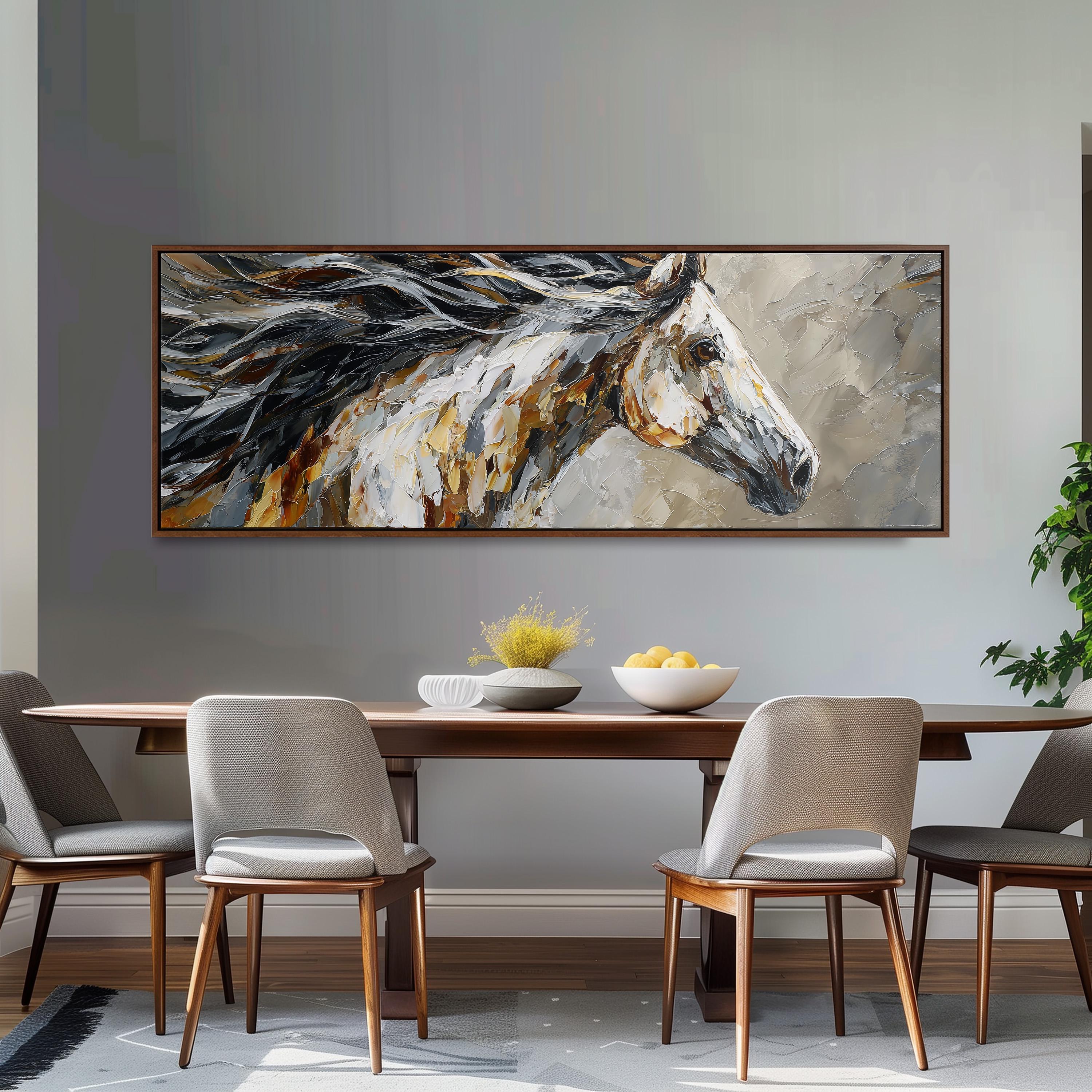a large painting of a horse's head hanging on a wall above a wooden dining table with four chairs.