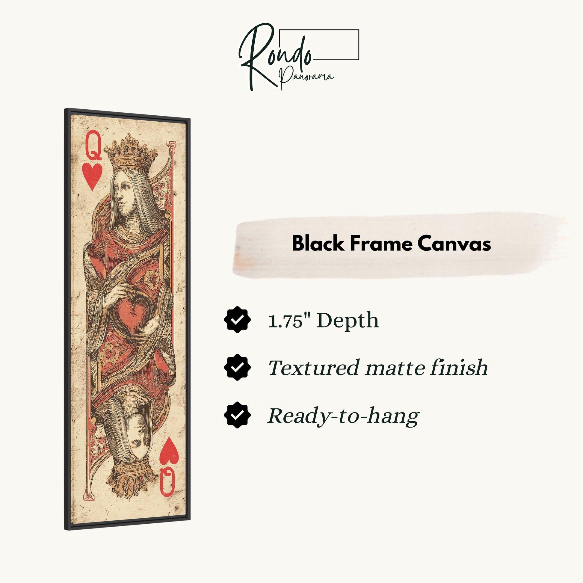 a black frame canvas depicting a Queen of Hearts playing card.