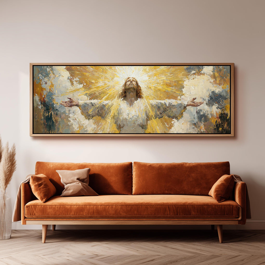 Risen Christ in golden light long horizontal canvas print above a sofa in a living room