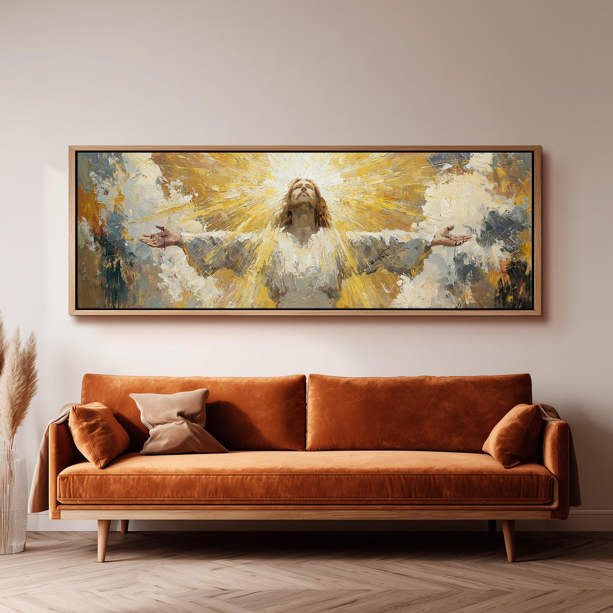 Risen Christ in golden light panoramic canvas print above a sofa in a living room