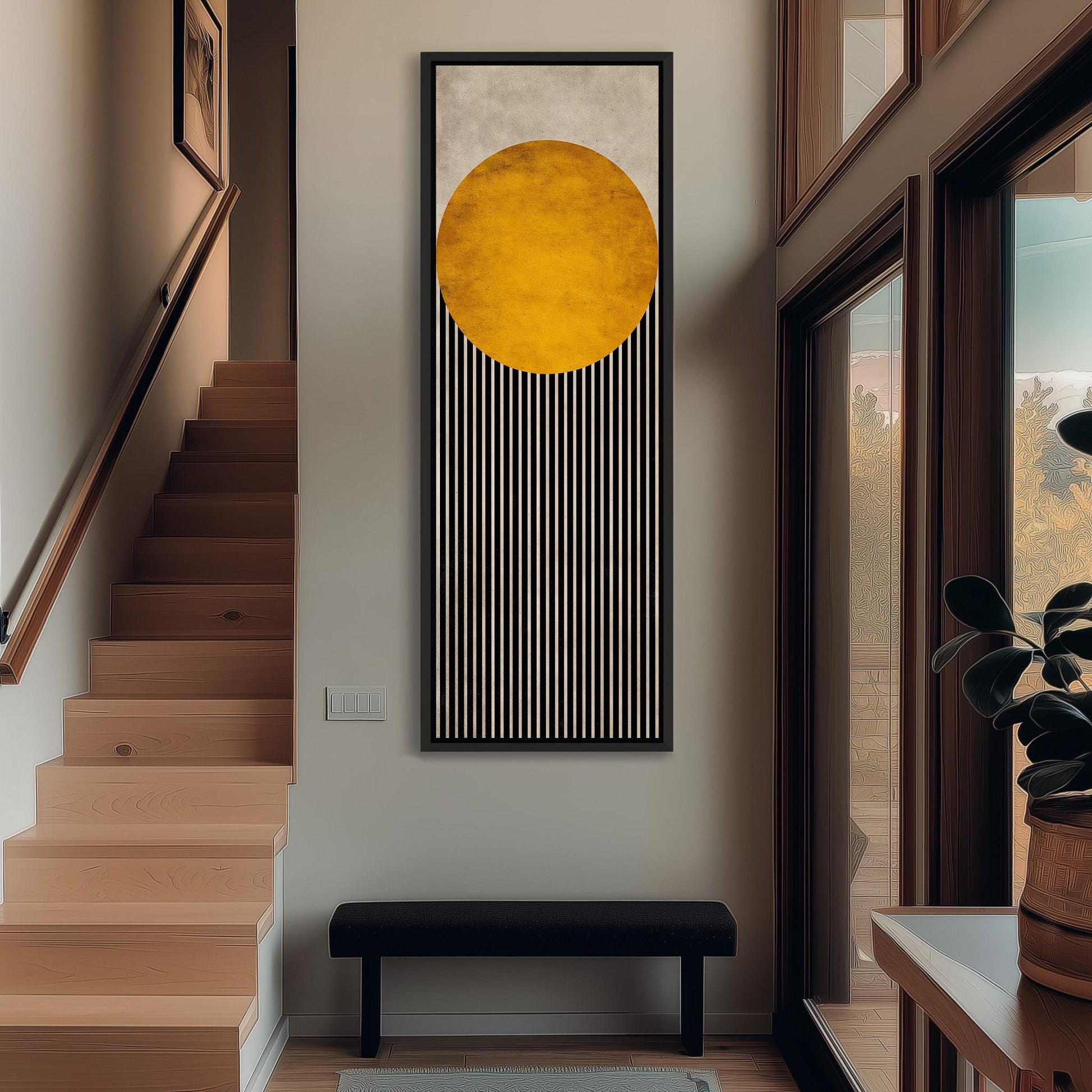 a modern and minimalist interior design with a large abstract painting hanging on the wall, a wooden staircase, and a black bench in the foreground.