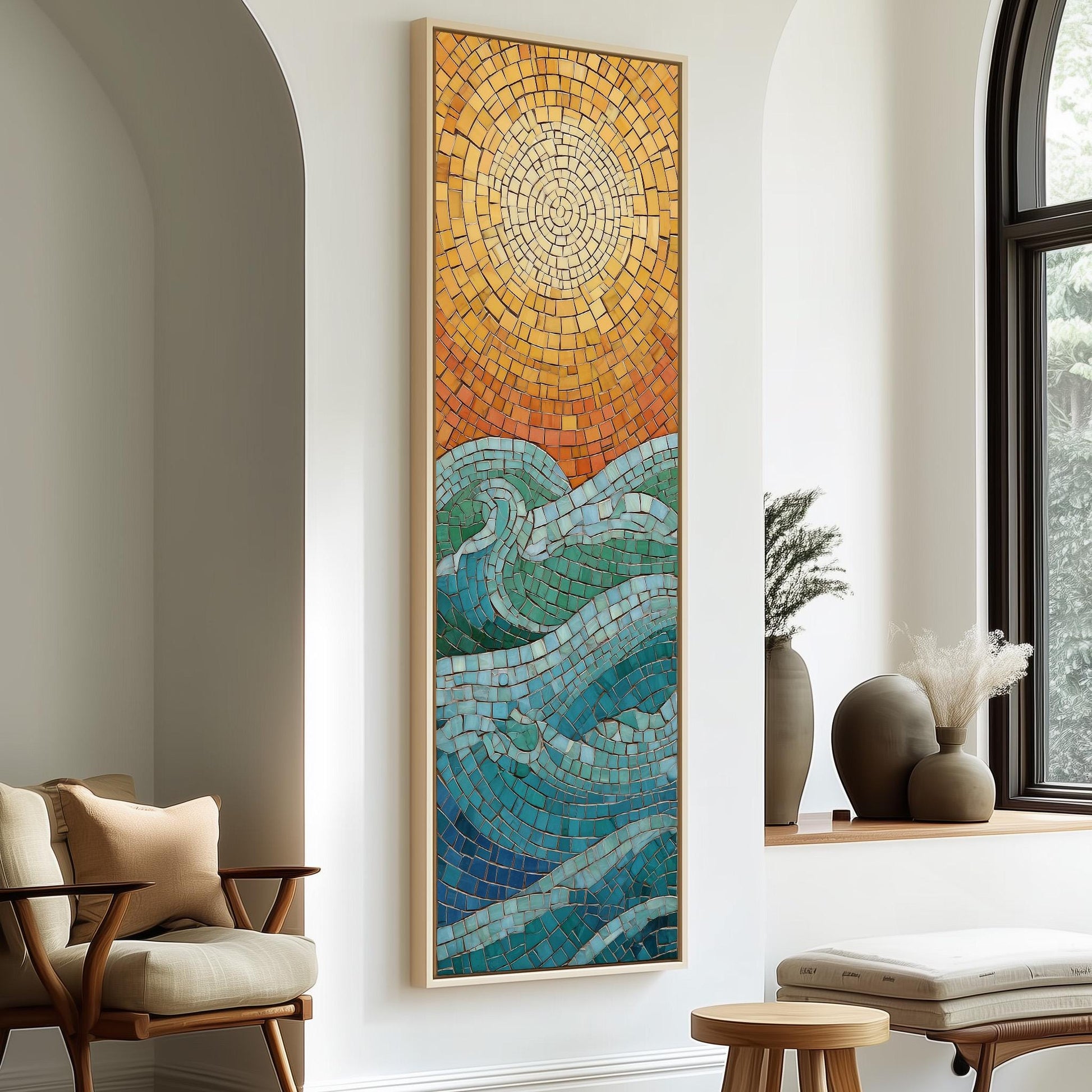 a large, colorful mosaic artwork depicting a sun and ocean scene, hanging on a wall in a room with a window and seating area.