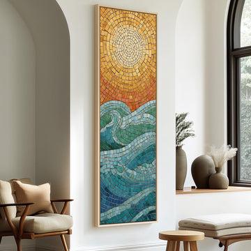 a large, colorful mosaic artwork depicting a sun and ocean scene, hanging on a wall in a room with a window and seating area.