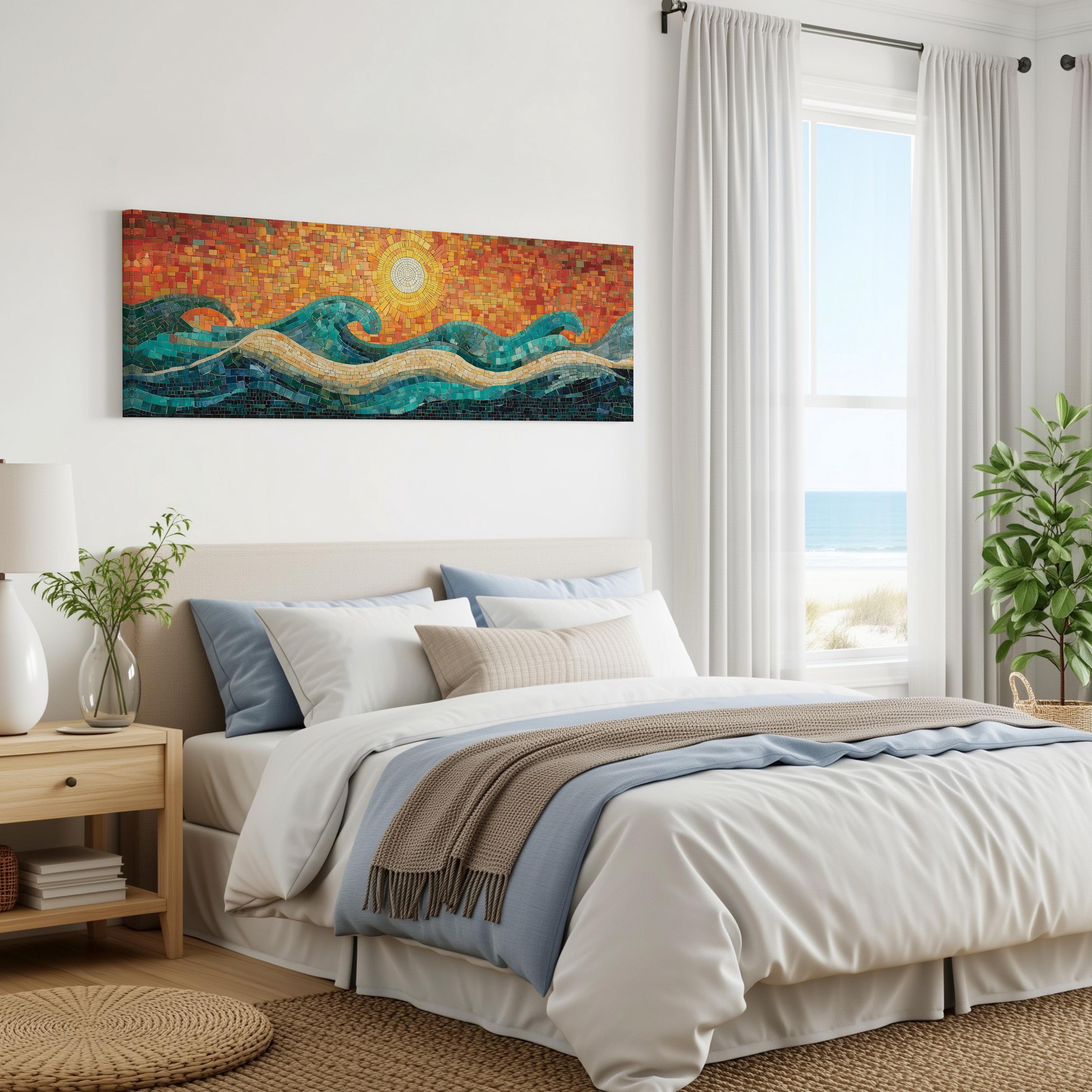 a serene bedroom with a large bed, a nightstand, and a painting of a beach scene on the wall. The room has a beach-themed decor, including a large window that offers a view of the ocean.