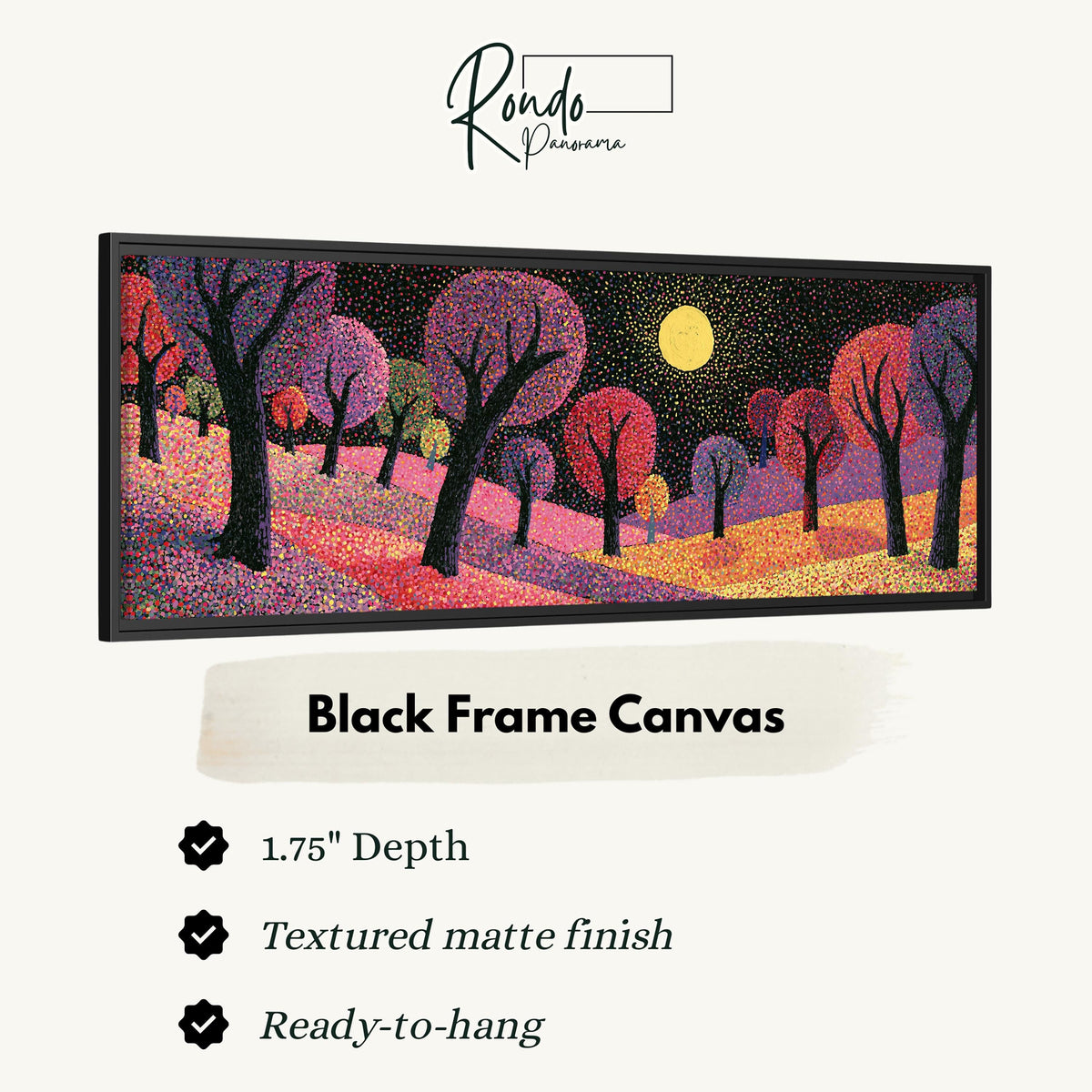 Purple dusk forest under the moon canvas print in a black floating frame